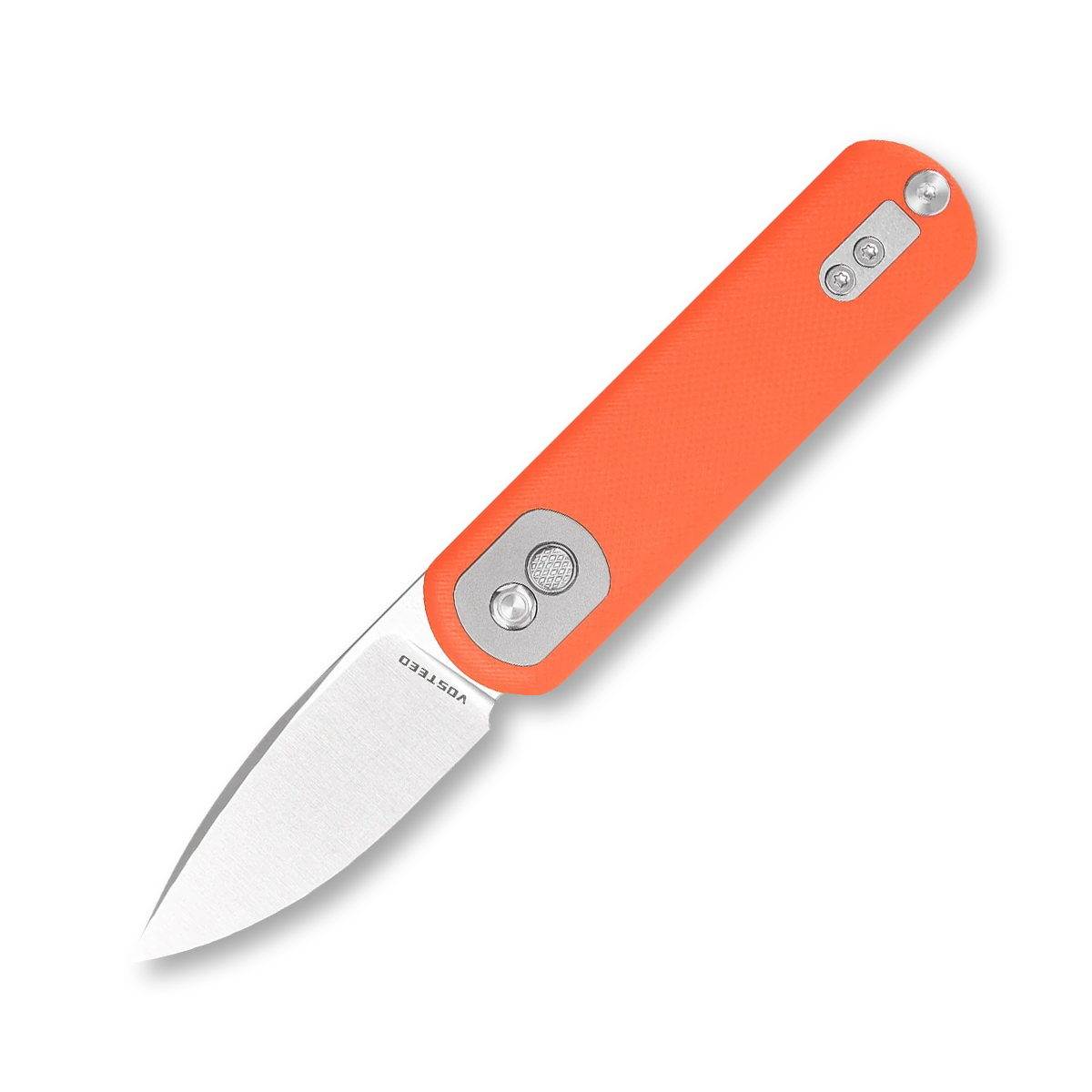 Vosteed Corgi Pup Button Lock Folding Knife Satin Drop Point/Orange G-10 A0719 View 1
