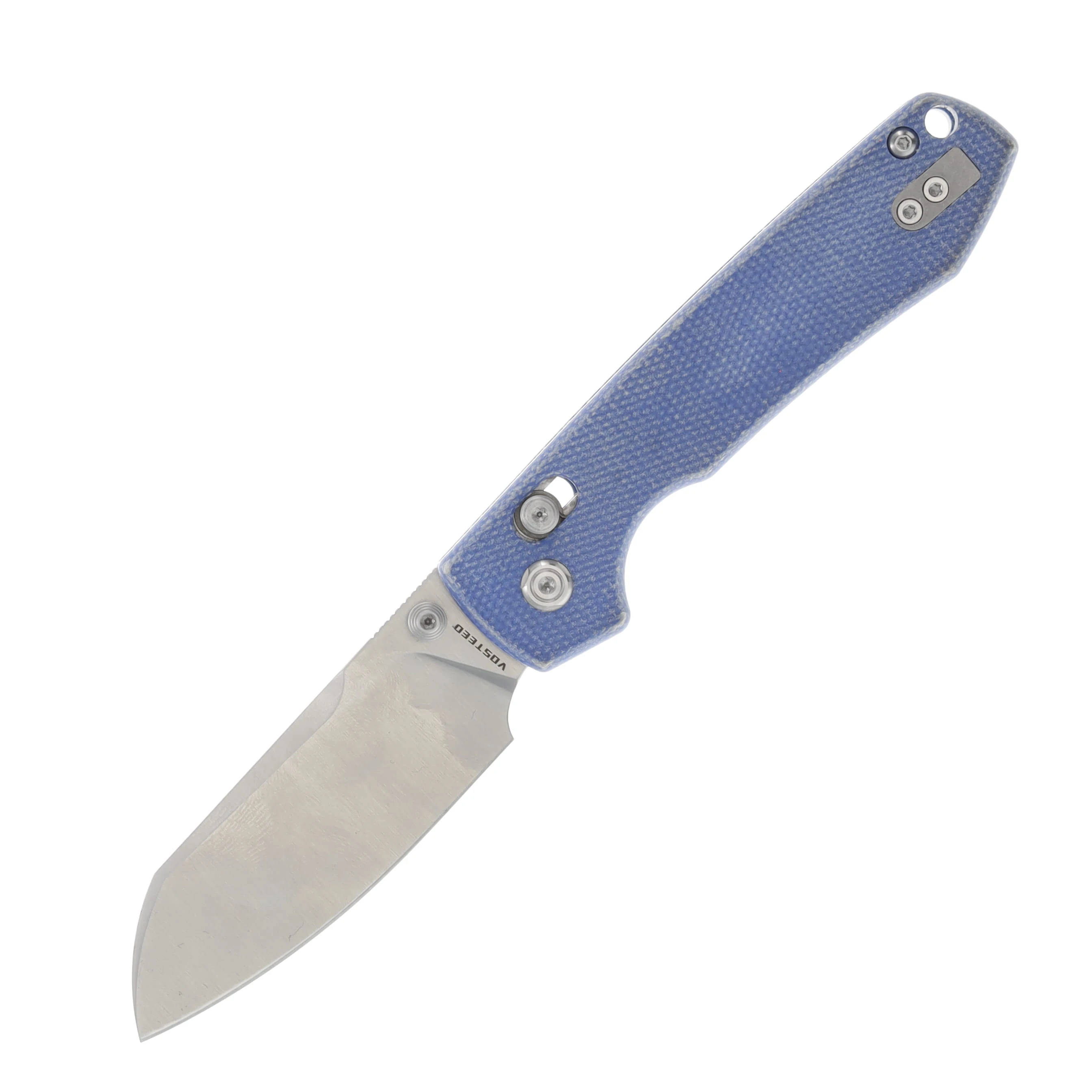 Vosteed Racoon Crossbar Lock Folding Knife Satin Cleaver Blue Micarta RCC32VTM1 View 1
