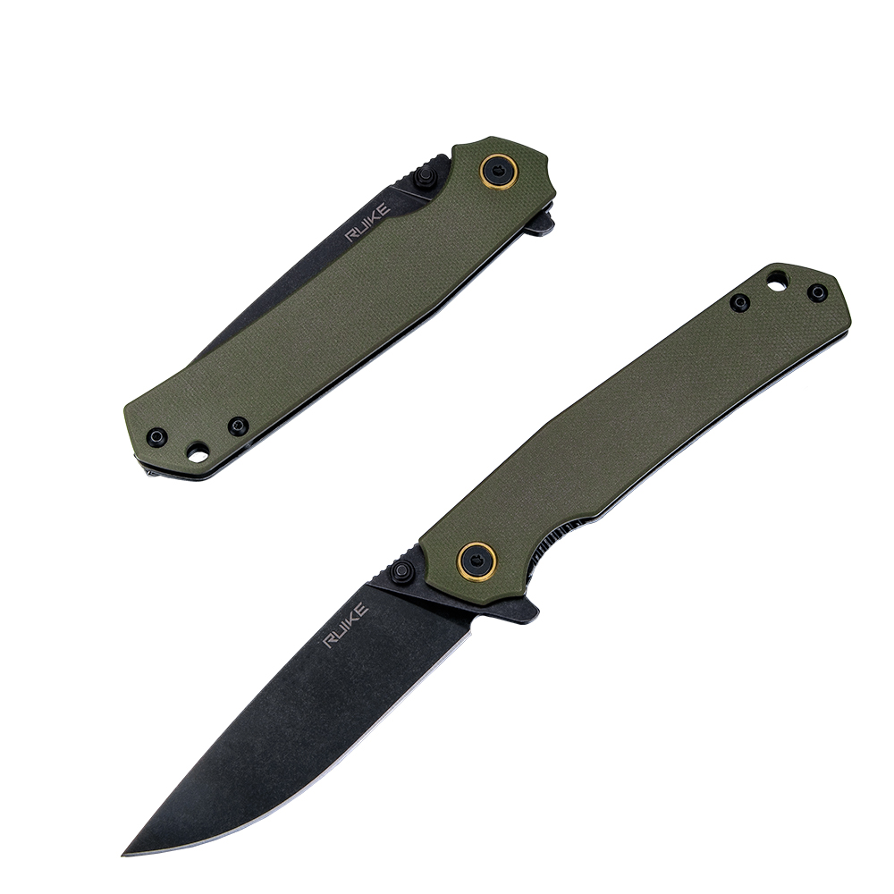 Ruike P801 Green Folding Knife 3.39in Black Stonewash Drop Point Blade RUP801G View 1