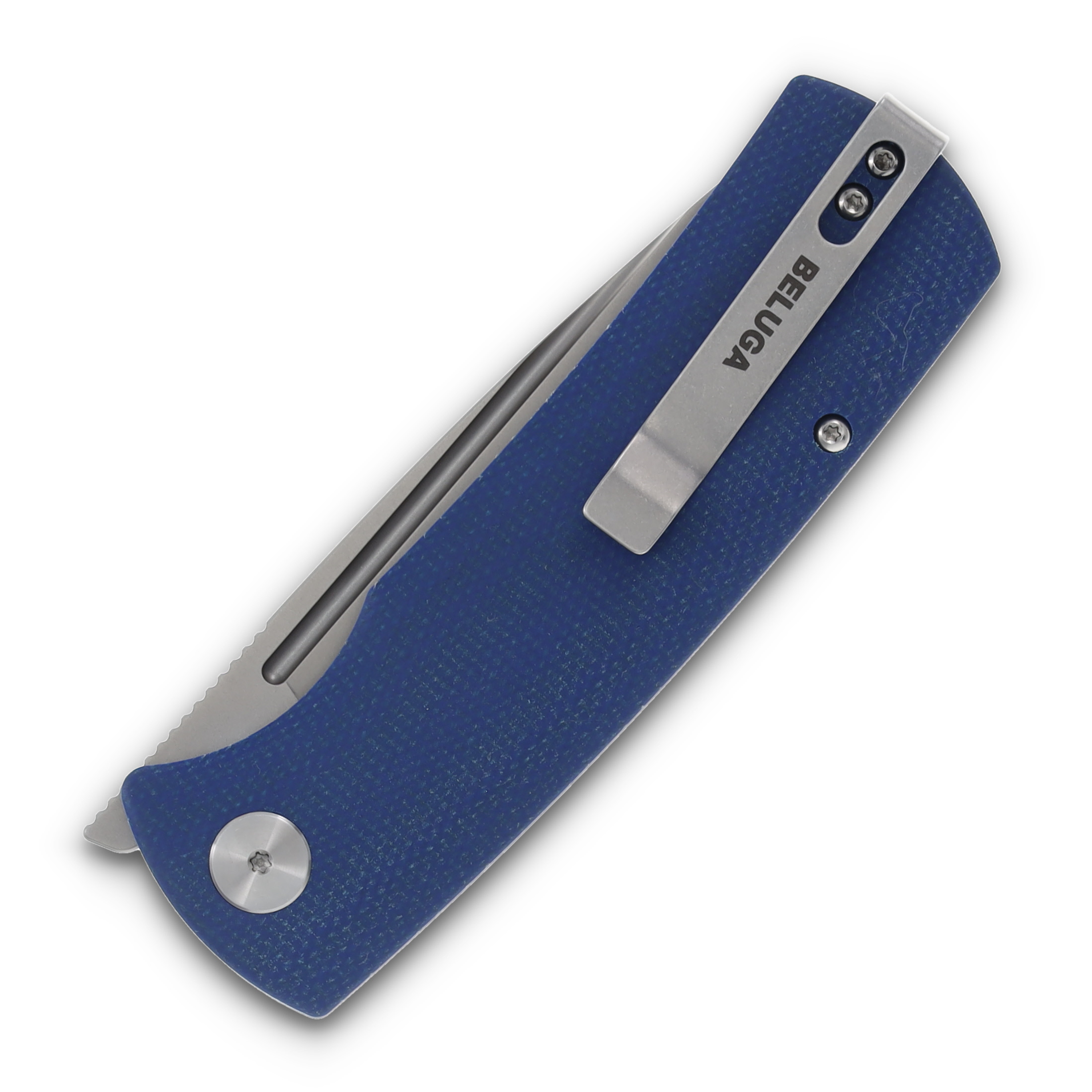 Petrified Fish Beluga Linerlock Flipper Sandblasted K110(D2) Drop Point Blade Blue Micarta Handle PFP01BMP View 6