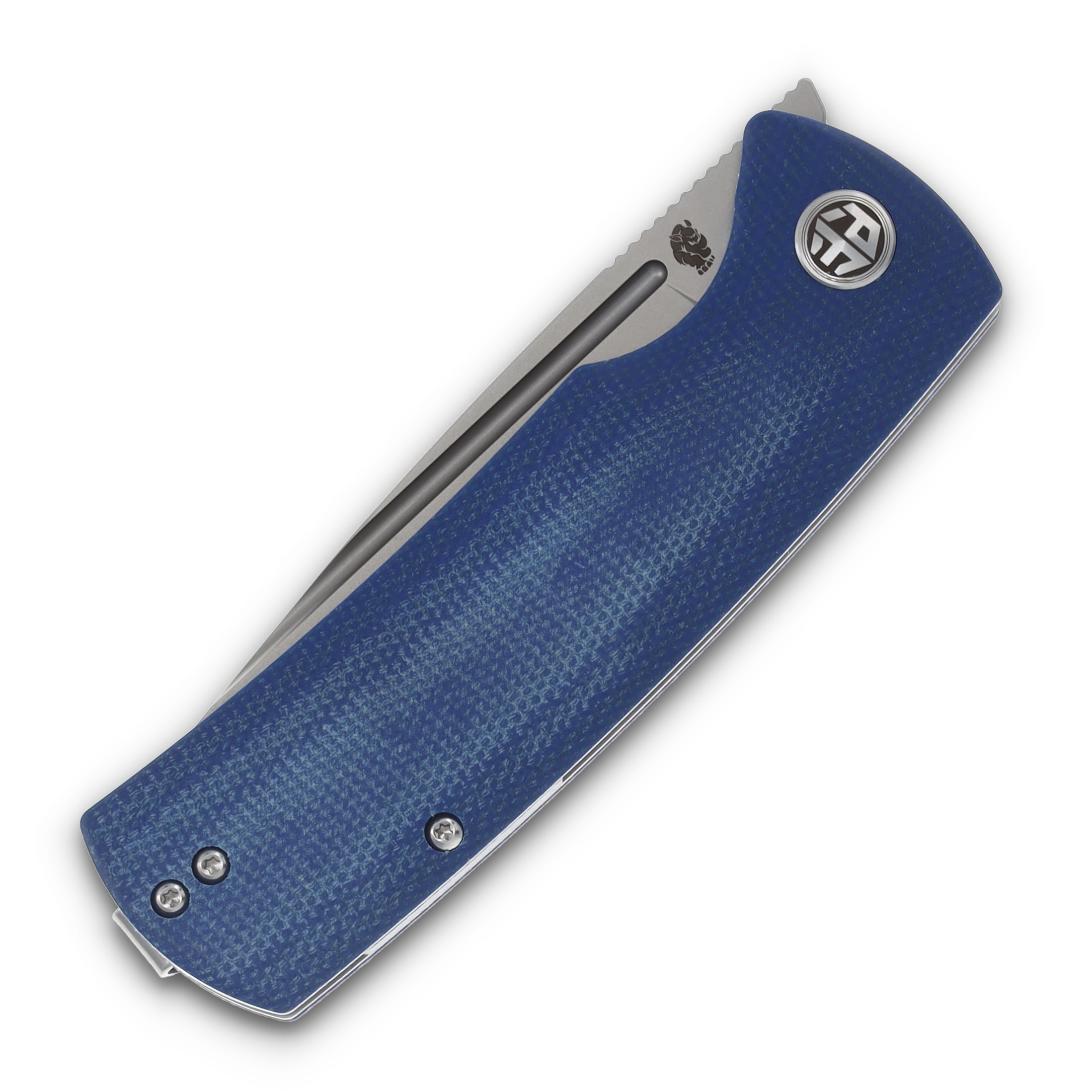 Petrified Fish Beluga Linerlock Flipper Sandblasted K110(D2) Drop Point Blade Blue Micarta Handle PFP01BMP View 5