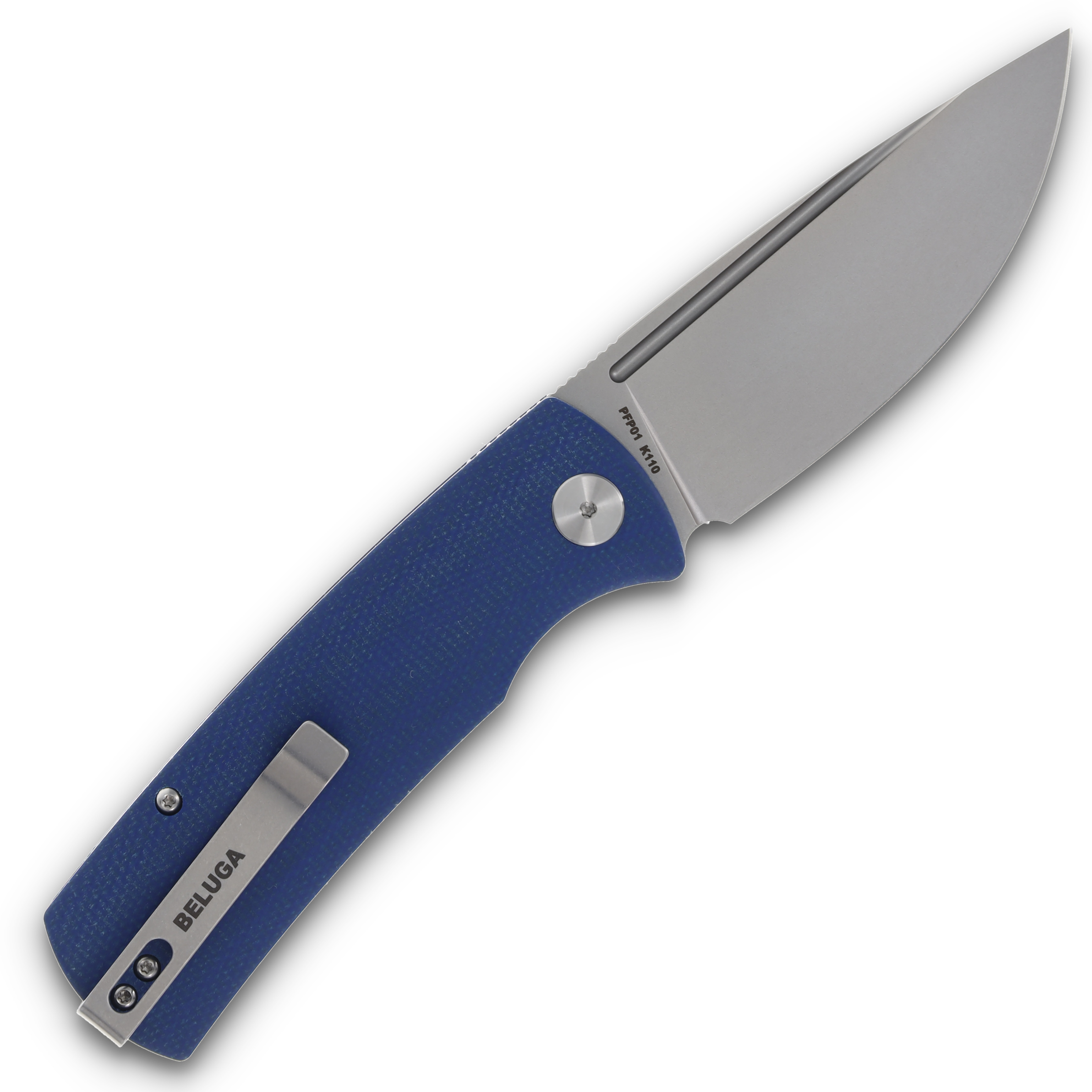 Petrified Fish Beluga Linerlock Flipper Sandblasted K110(D2) Drop Point Blade Blue Micarta Handle PFP01BMP View 2