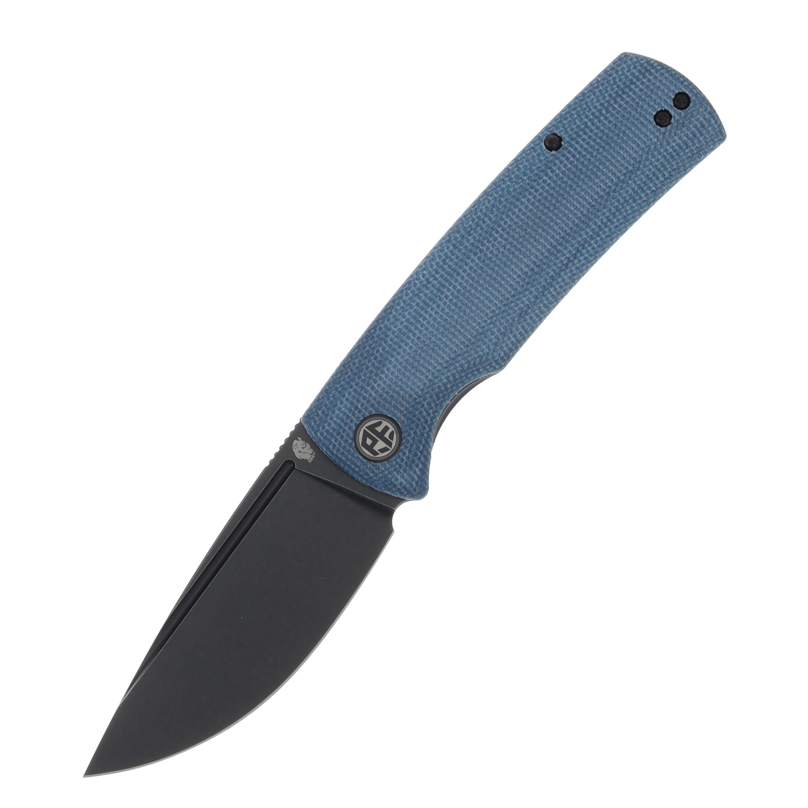 Petrified Fish Beluga Linerlock Flipper Black Stonewashed K110 (D2) Drop Point Blade Blue Micarta Handle PFP01BMW View 1
