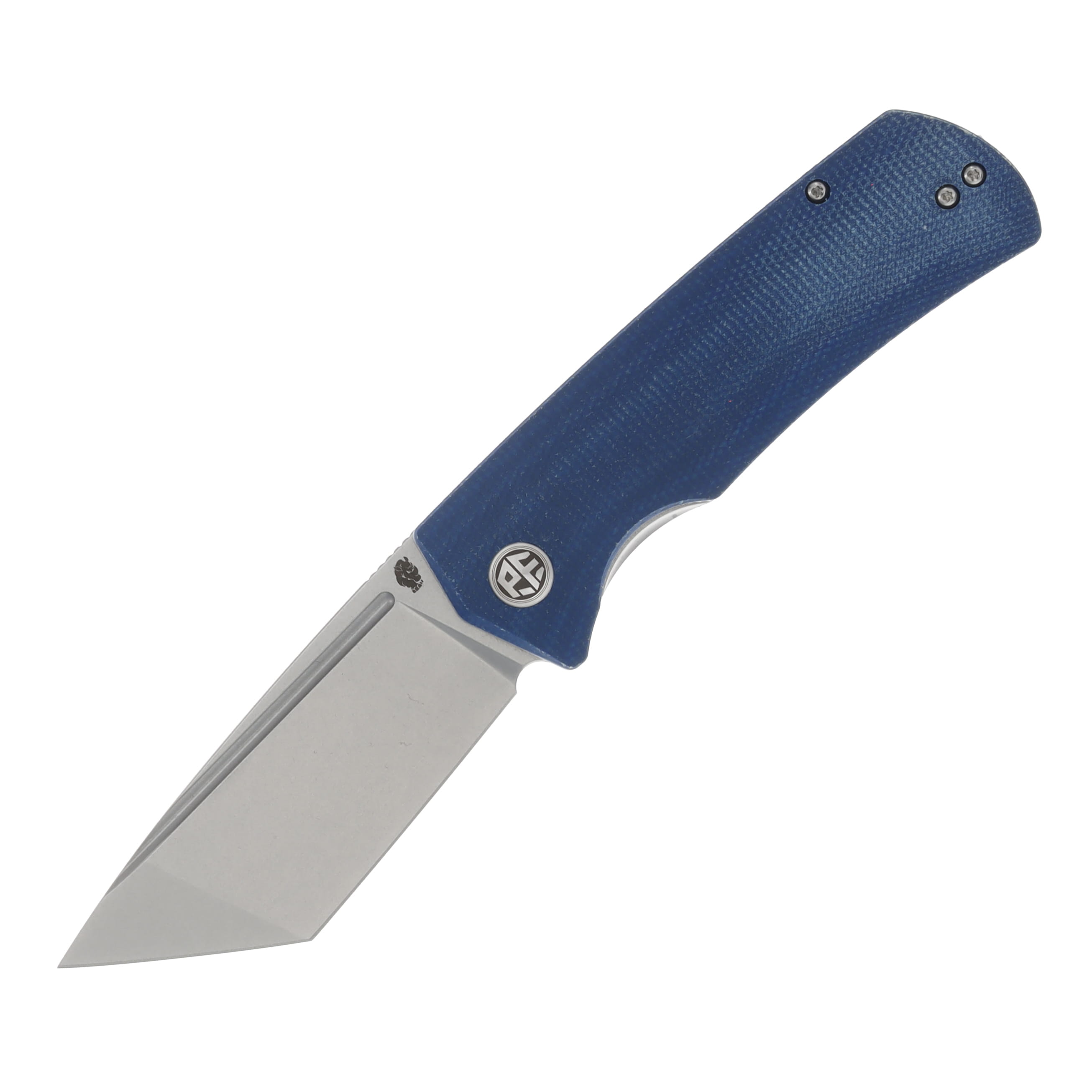 Petrified Fish Beluga Linerlock Flipper Stonewashed K110 (D2) Tanto Blade Blue Micarta Handle PFP01TBMW View 1