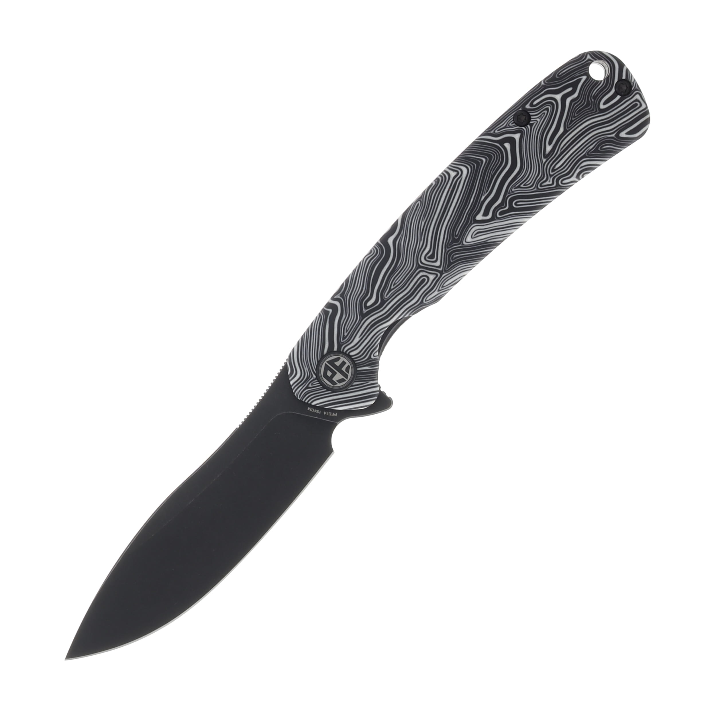 Petrified Fish Rogue Linerlock Flipper Black Stonewashed 154CM Drop Point Blade White  Gmascus G10 Handle PFE14WDMW View 1