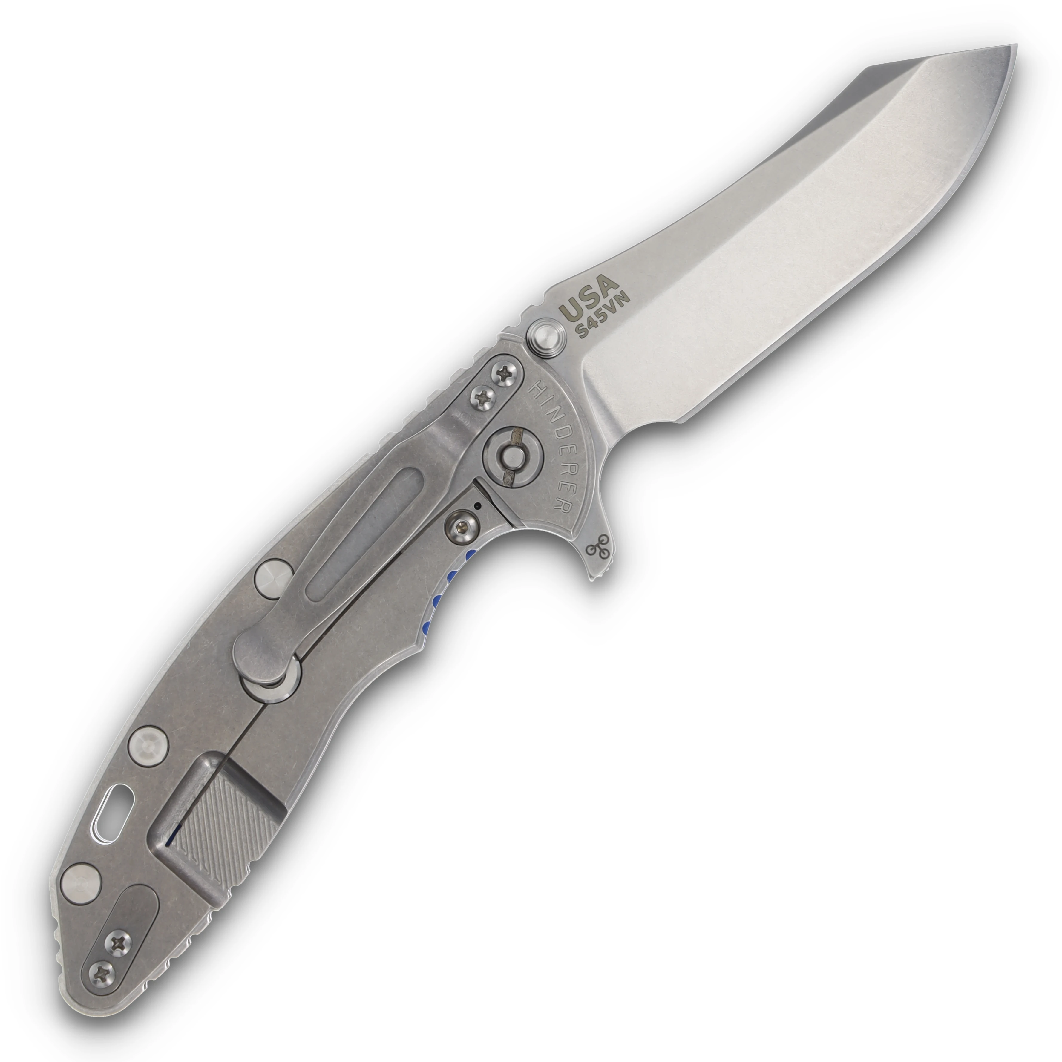 Hinderer XM-18 3.5 Framelock Folding Knife Stonewash Skinner/Blue G-10 and Stonewash Titanium KXM35SKINNERSWBL View 2