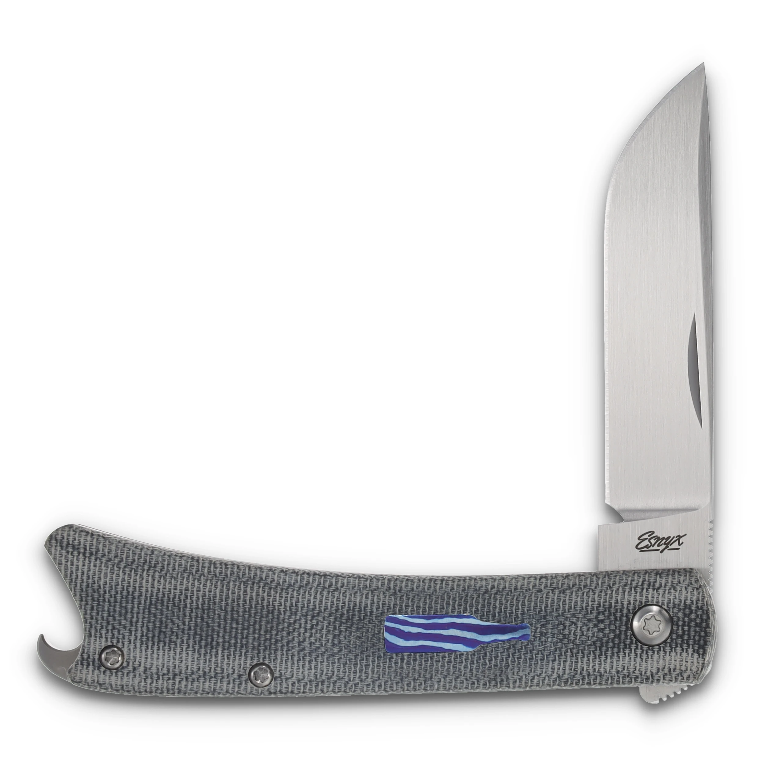 ESNYX Silver Line Beer Buster Mokuti Shield Blue 3.02in Plain Satin Drop Point ESN-BBFF-71 View 1