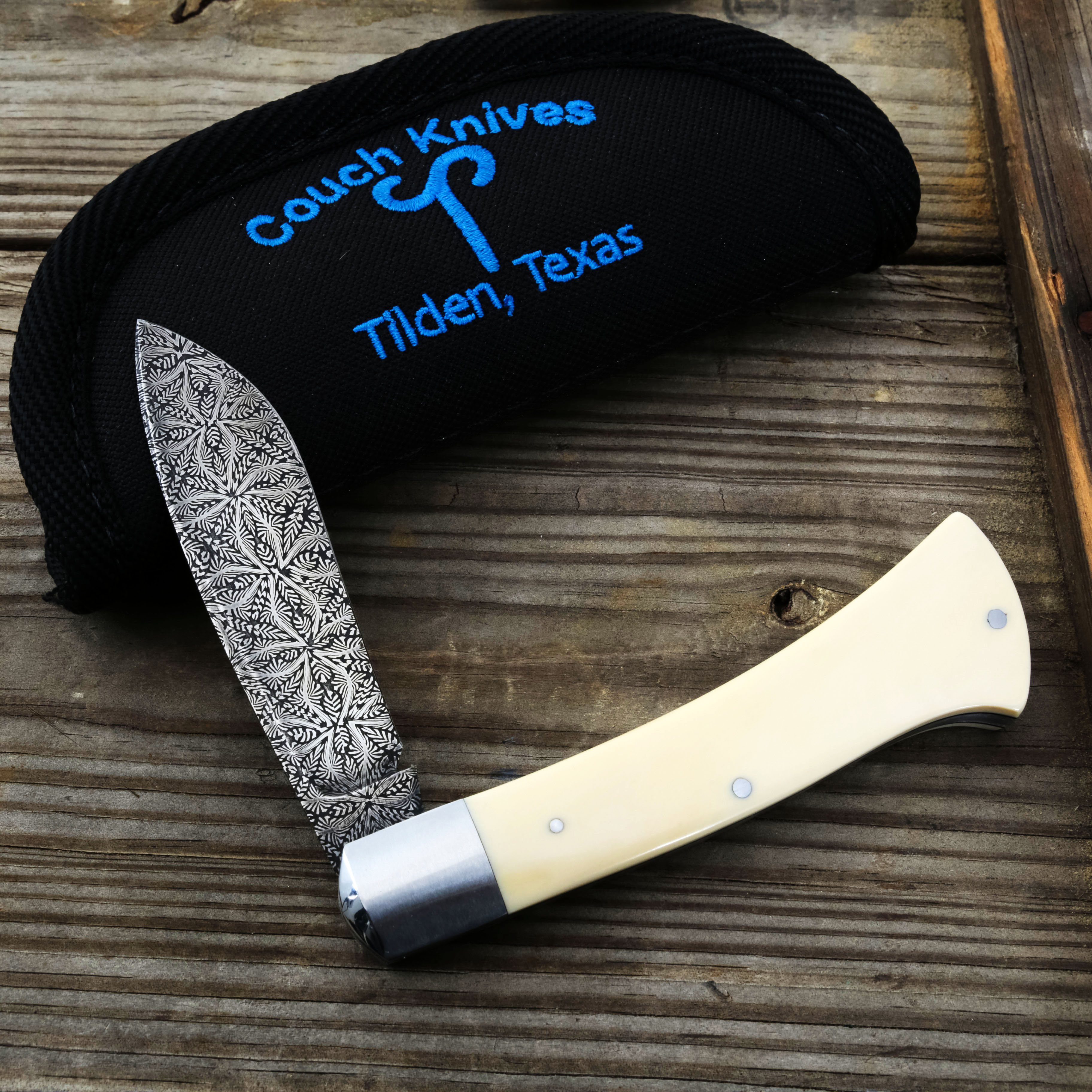 Couch Knives Flower Damascus/Ivory Axe Handle Trapper Folding Knife CKAXETRP View 14