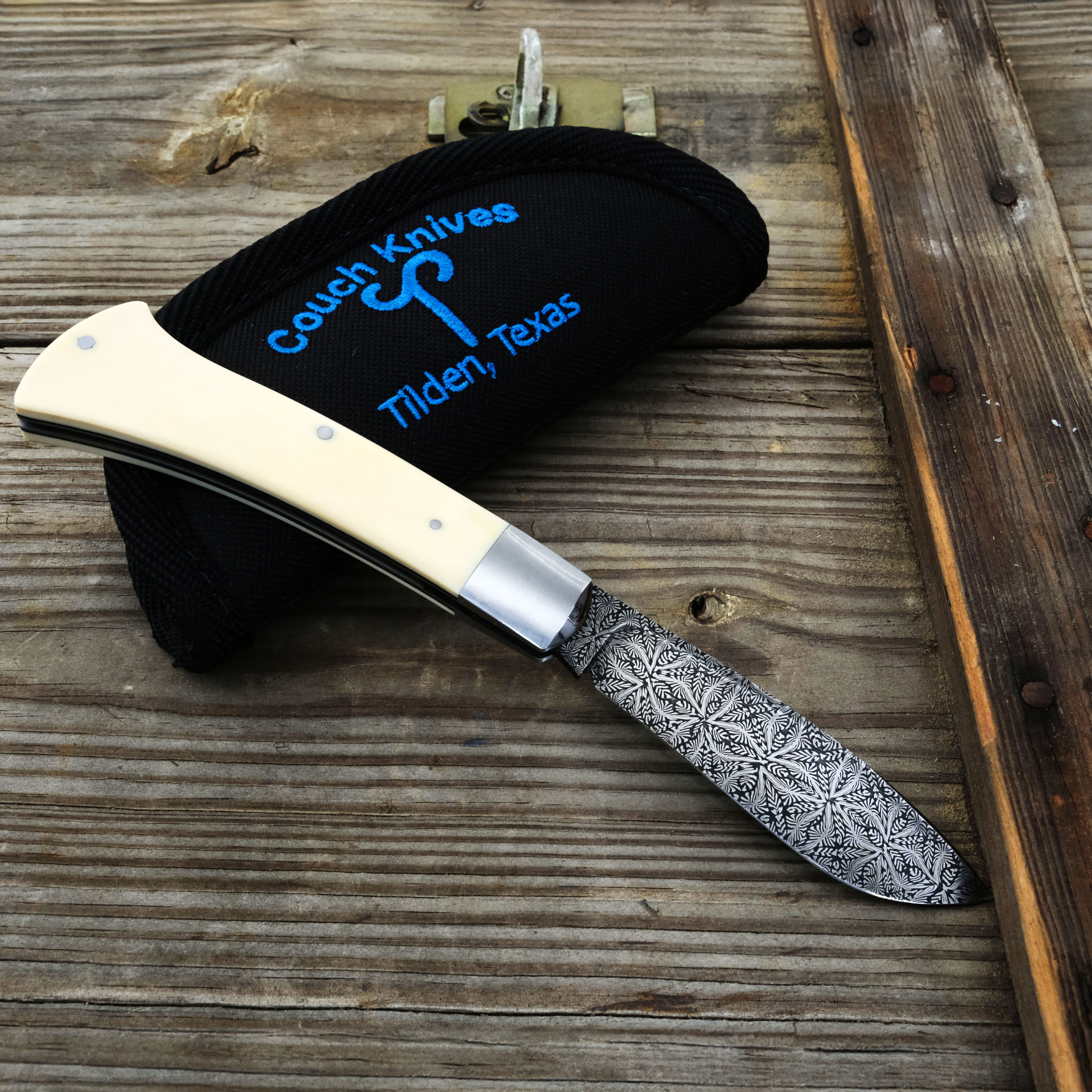 Couch Knives Flower Damascus/Ivory Axe Handle Trapper Folding Knife CKAXETRP View 12