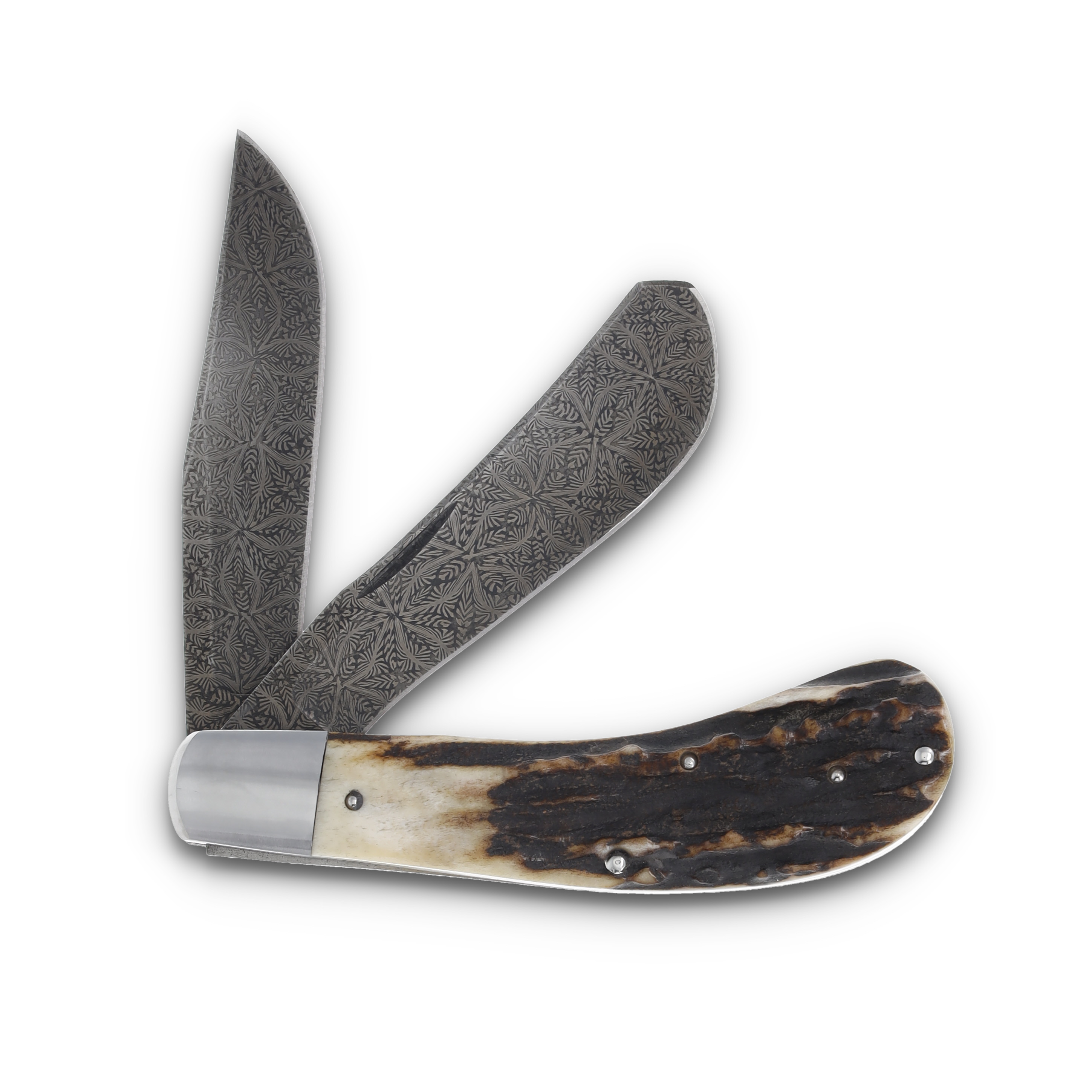 Crouch Knives Saddlehorn Trapper Gorgan Flower Damascus Natural Stag Handles BCK003 View 2