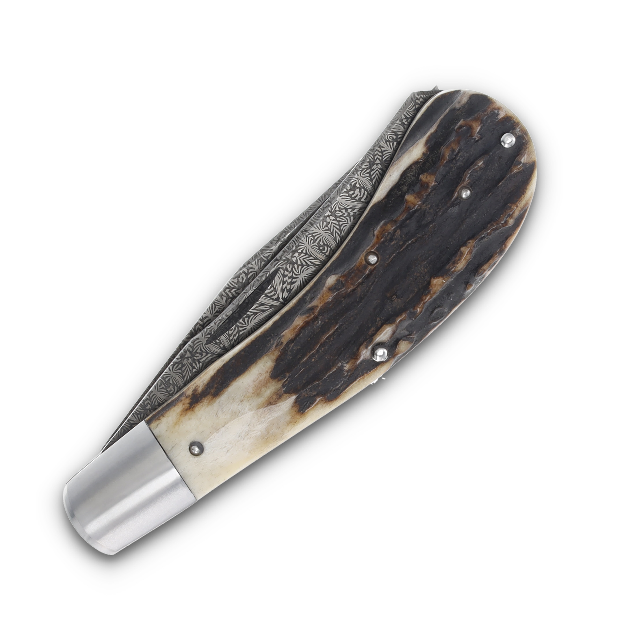 Crouch Knives Saddlehorn Trapper Gorgan Flower Damascus Natural Stag Handles BCK003 View 4
