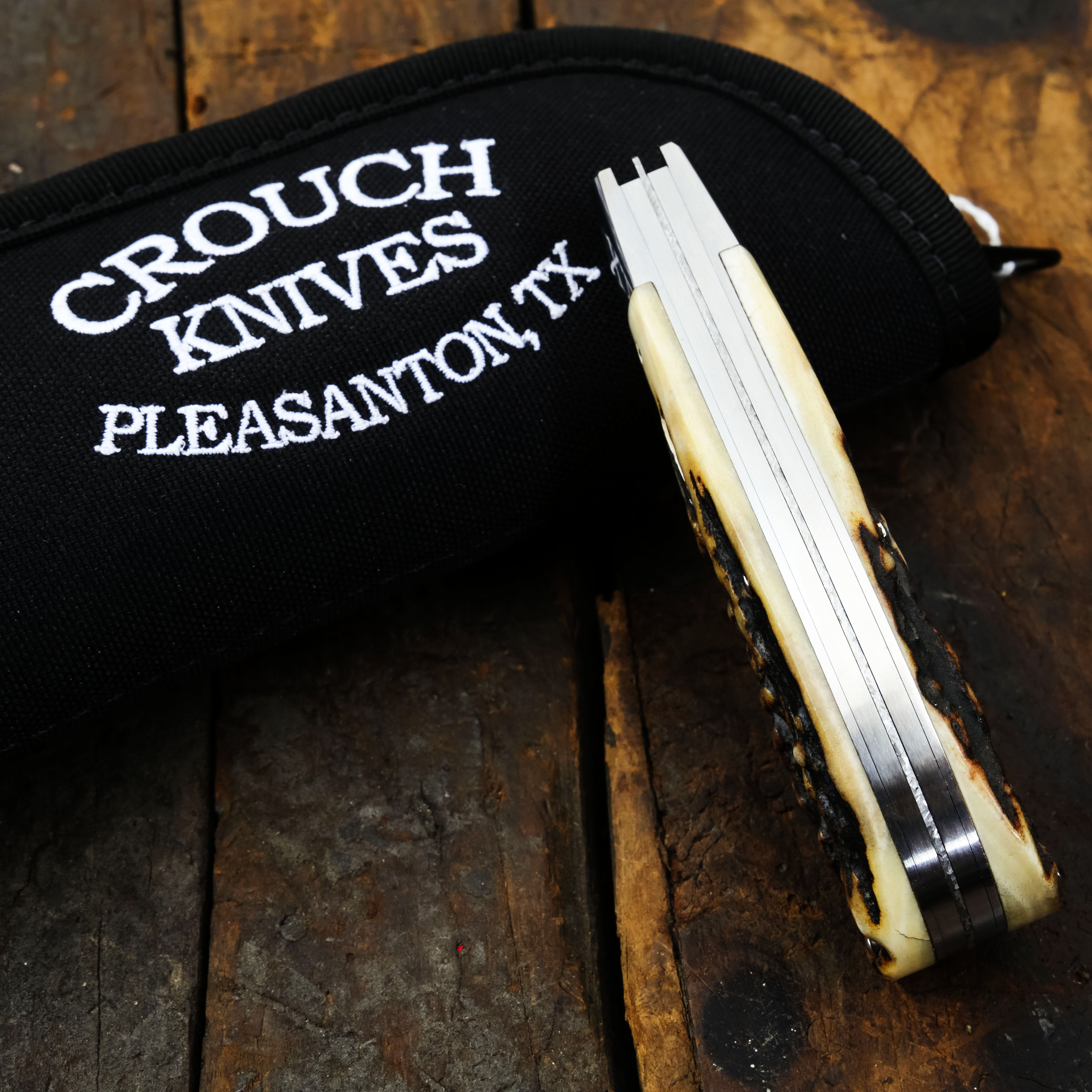 Crouch Knives Saddlehorn Trapper Gorgan Flower Damascus Natural Stag Handles BCK003 View 13