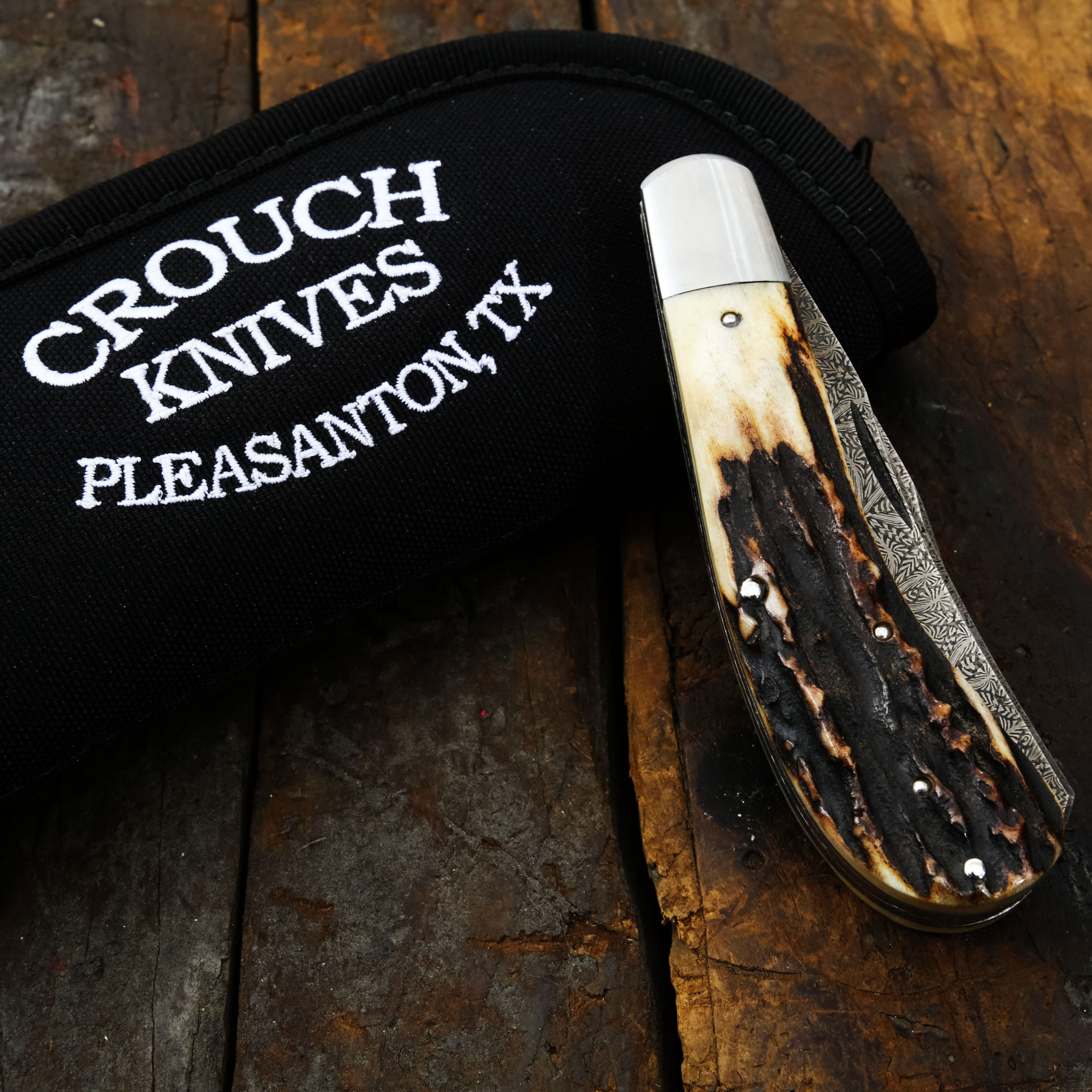 Crouch Knives Saddlehorn Trapper Gorgan Flower Damascus Natural Stag Handles BCK003 View 14