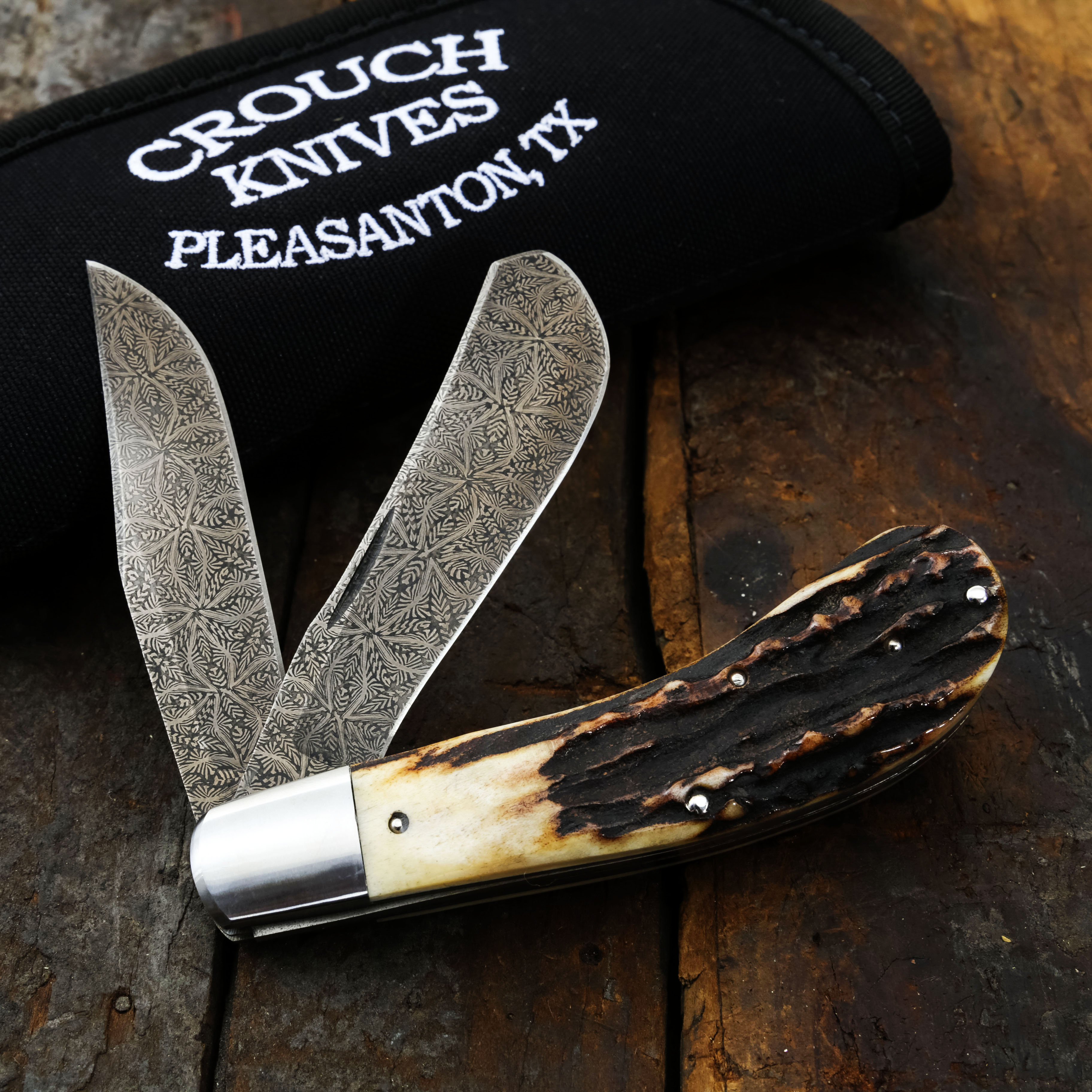 Crouch Knives Saddlehorn Trapper Gorgan Flower Damascus Natural Stag Handles BCK003 View 9