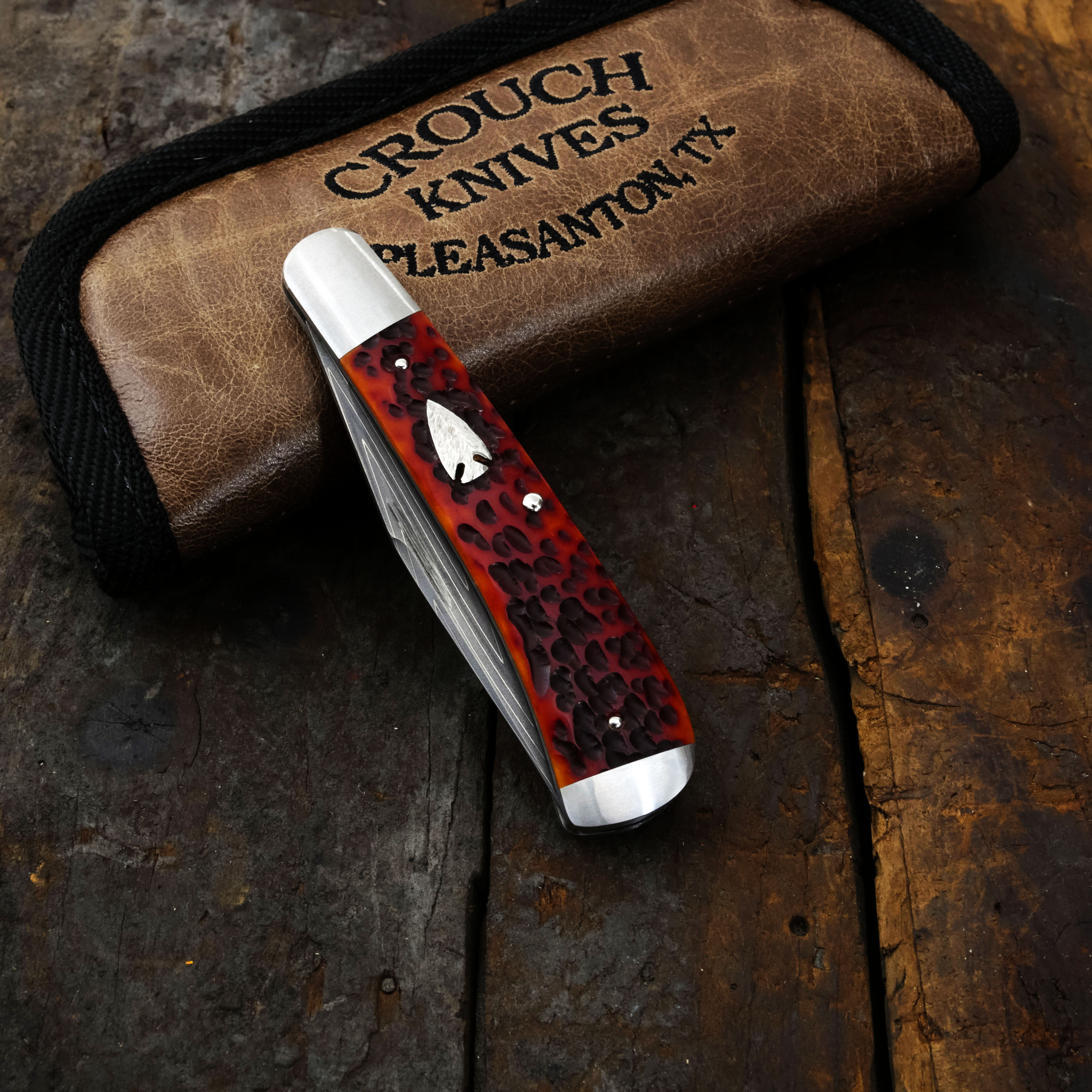 Crouch Knives Single Blade Trapper Vegas Forge Stainless Damascus Red Jigged Bone Handle BCK005 View 15