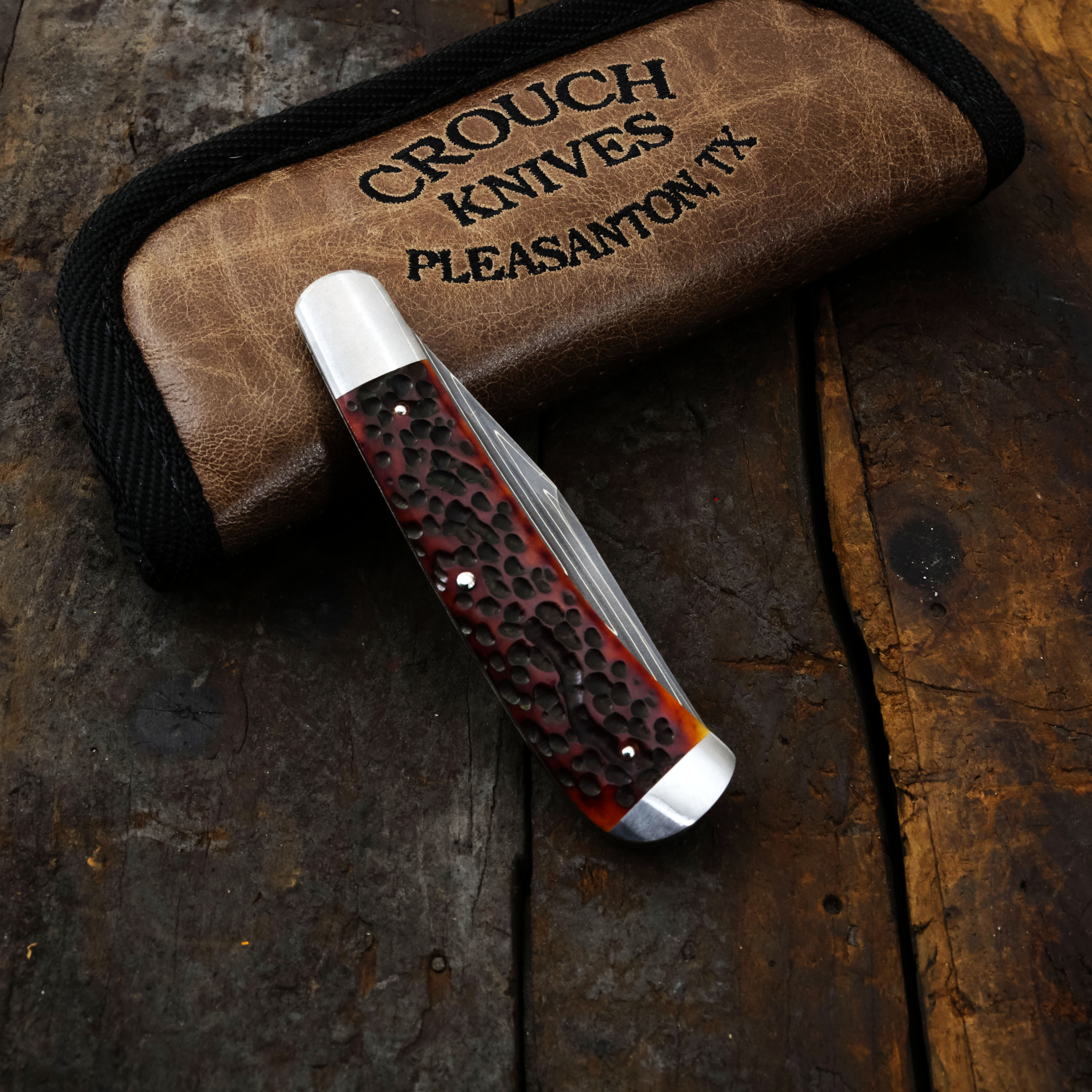 Crouch Knives Single Blade Trapper Vegas Forge Stainless Damascus Red Jigged Bone Handle BCK005 View 16