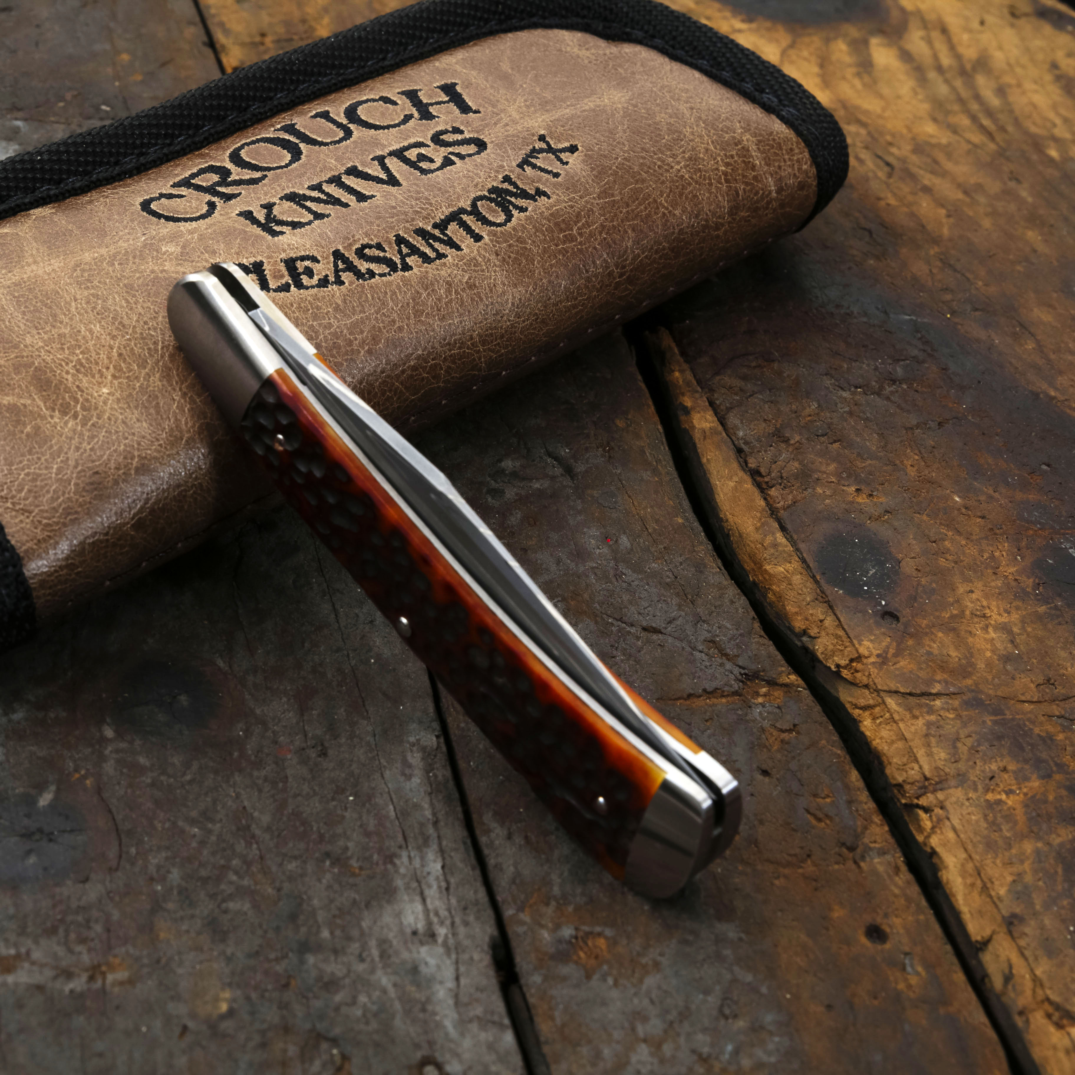 Crouch Knives Single Blade Trapper Vegas Forge Stainless Damascus Red Jigged Bone Handle BCK005 View 17