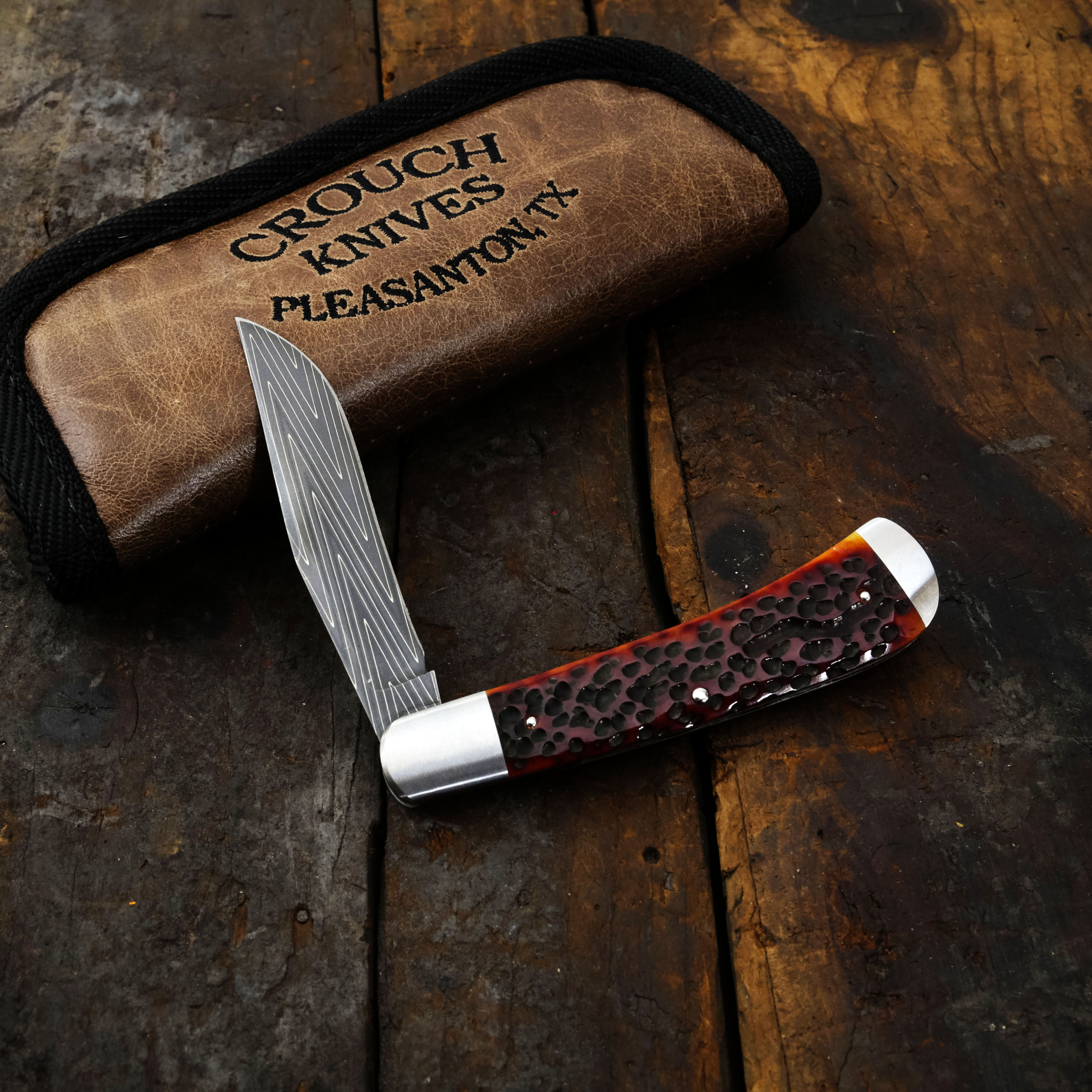 Crouch Knives Single Blade Trapper Vegas Forge Stainless Damascus Red Jigged Bone Handle BCK005 View 18