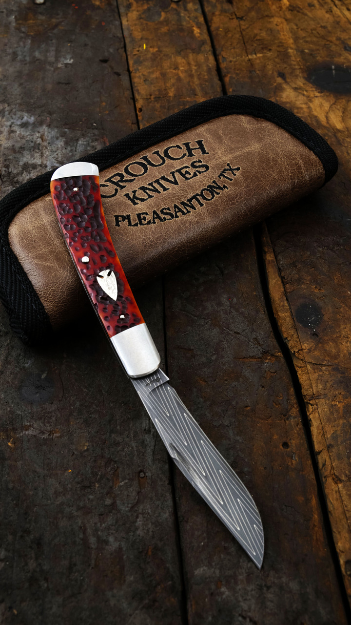 Crouch Knives Single Blade Trapper Vegas Forge Stainless Damascus Red Jigged Bone Handle BCK005 View 20