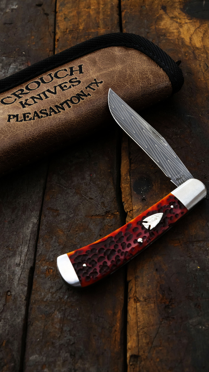 Crouch Knives Single Blade Trapper Vegas Forge Stainless Damascus Red Jigged Bone Handle BCK005 View 19