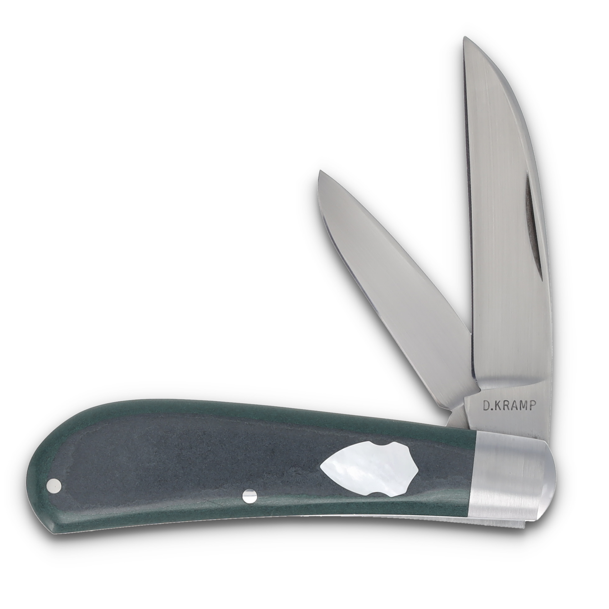 D. Kramp Knives Swayback Jack Vintage Emerald Green Paper Micarta Double MOP Shields DKK001 View 1