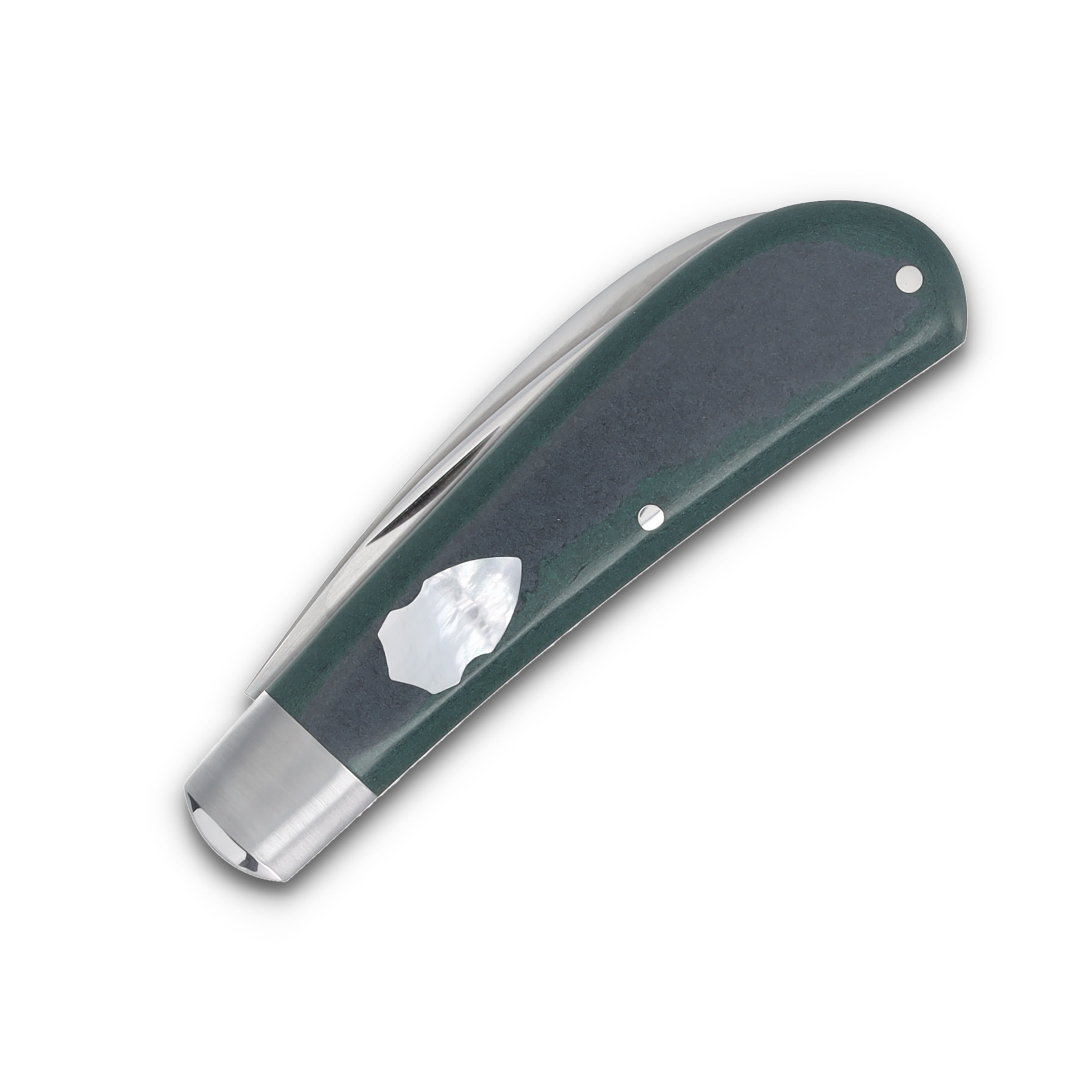 D. Kramp Knives Swayback Jack Vintage Emerald Green Paper Micarta Double MOP Shields DKK001 View 4