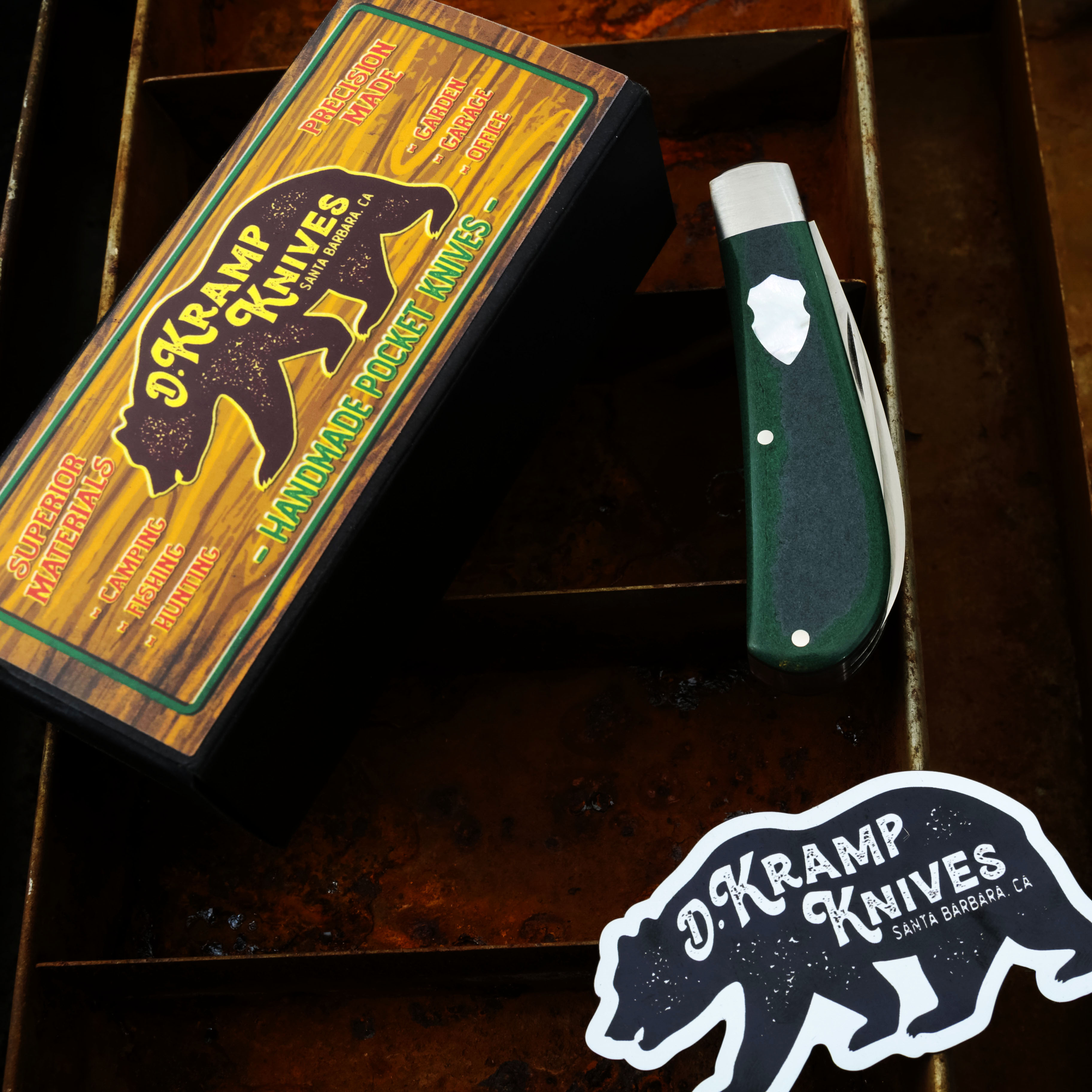 D. Kramp Knives Swayback Jack Vintage Emerald Green Paper Micarta Double MOP Shields DKK001 View 12