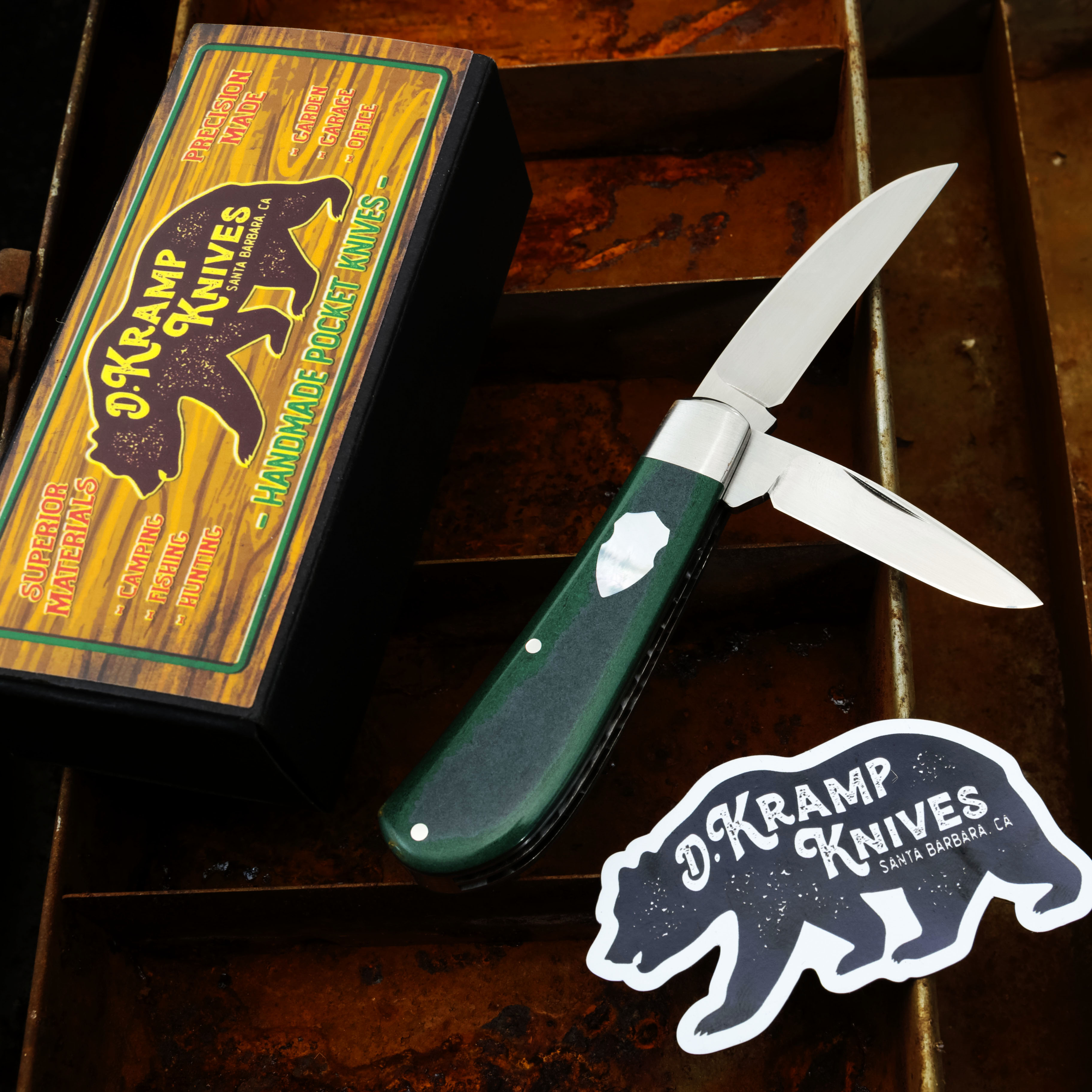 D. Kramp Knives Swayback Jack Vintage Emerald Green Paper Micarta Double MOP Shields DKK001 View 16