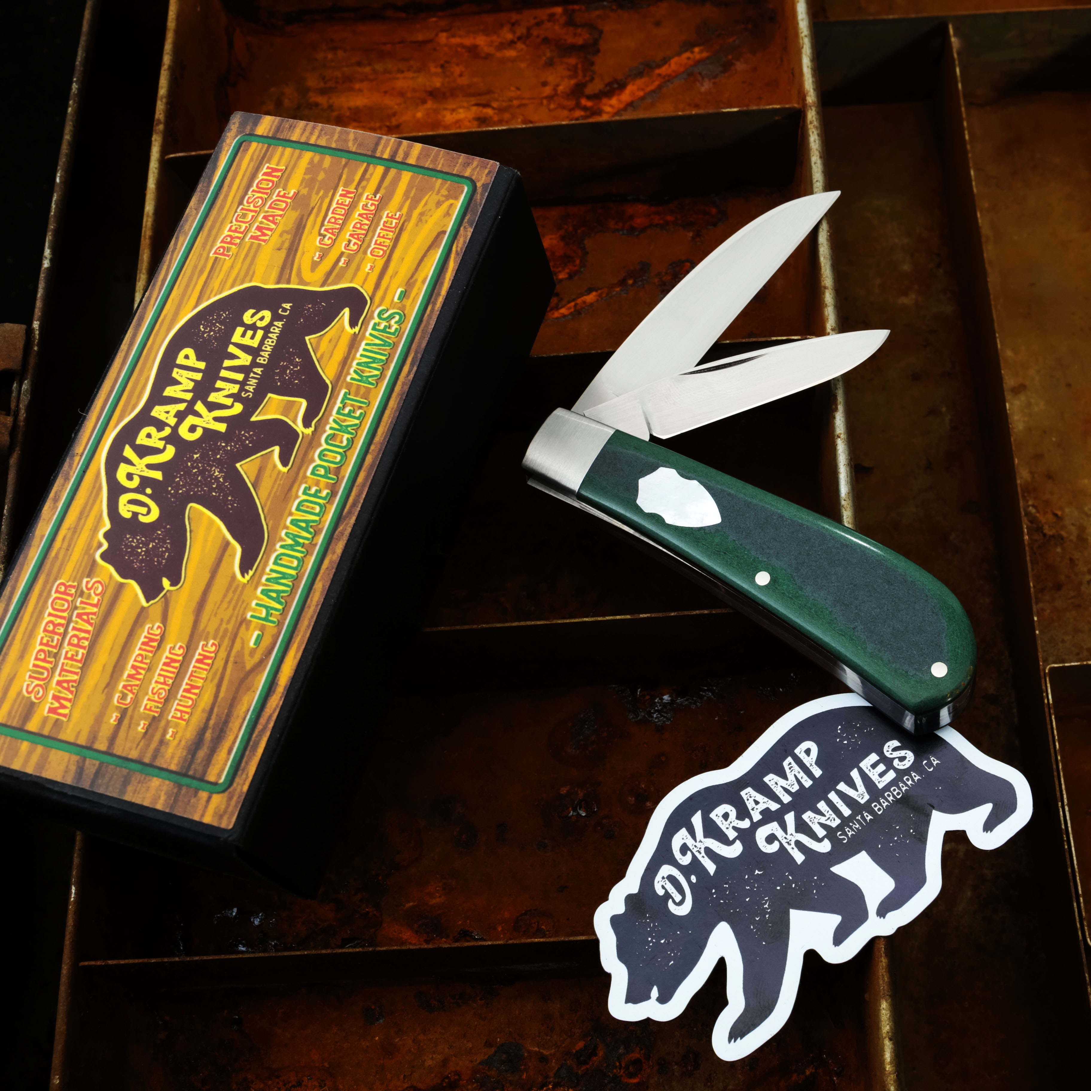 D. Kramp Knives Swayback Jack Vintage Emerald Green Paper Micarta Double MOP Shields DKK001 View 10