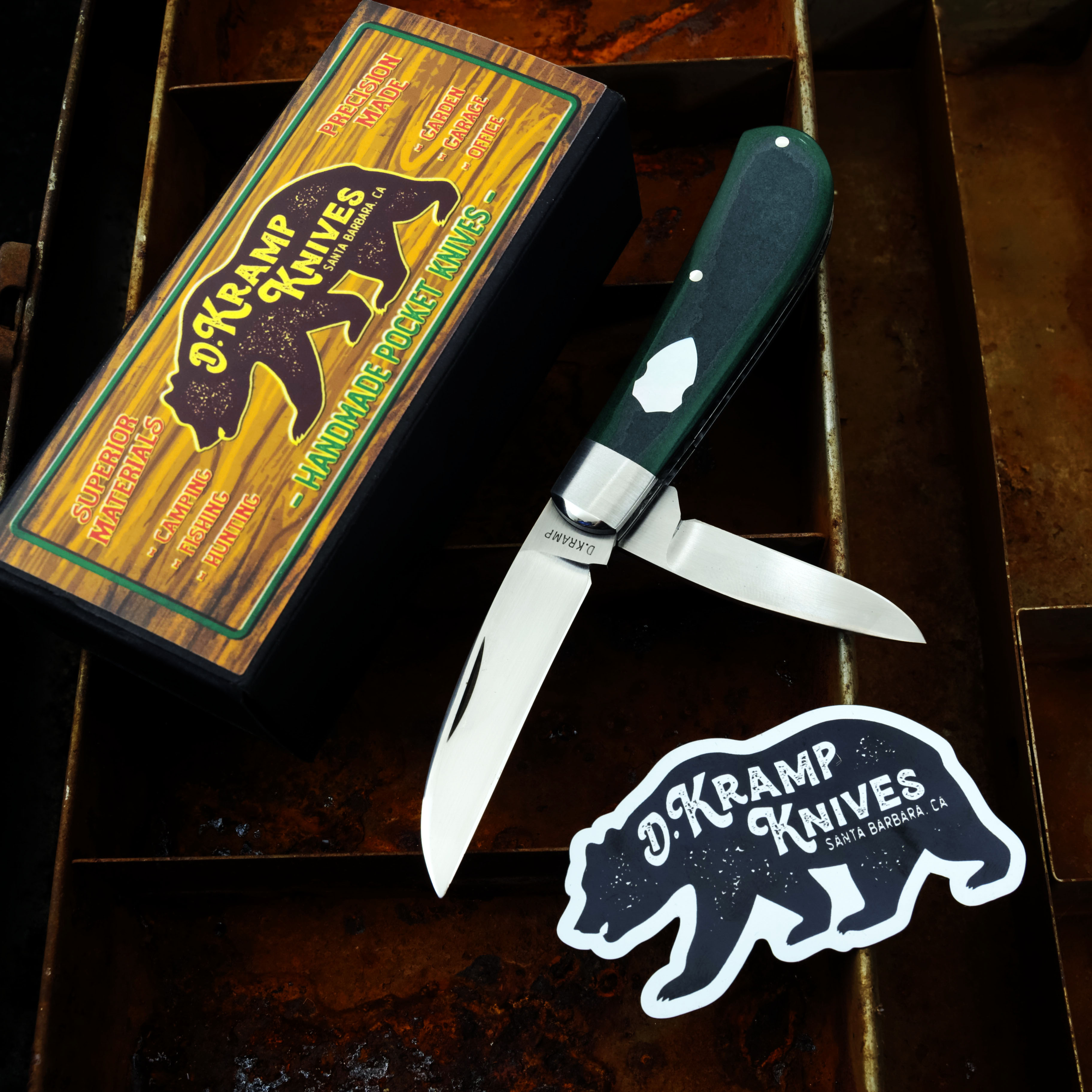 D. Kramp Knives Swayback Jack Vintage Emerald Green Paper Micarta Double MOP Shields DKK001 View 17