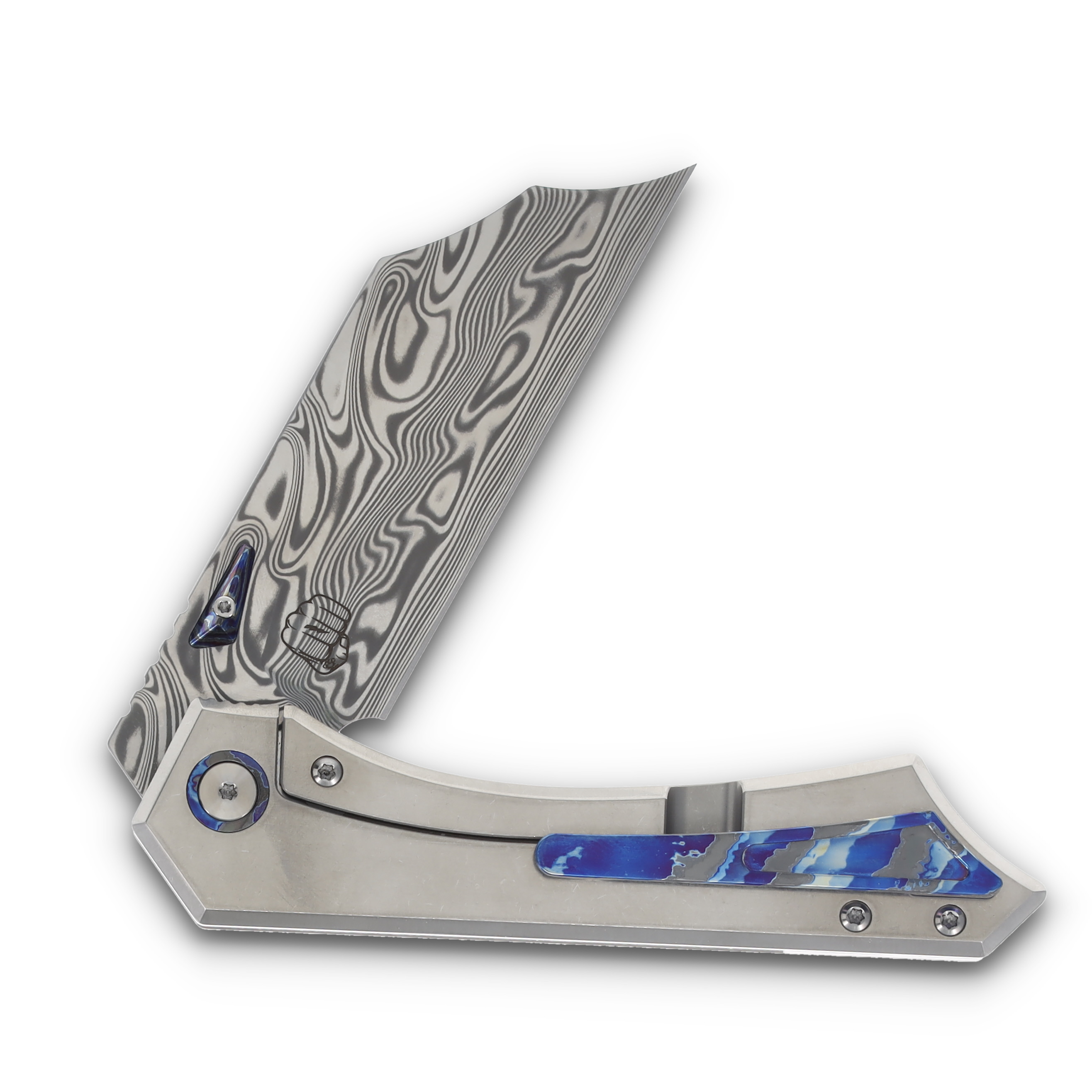 Something Obscene Lek Fafnir/Odins Eye Damasteel Satin Tumbled Handles Chad Nichols Zircuti Pocket Clip and Spacer SO013 View 4