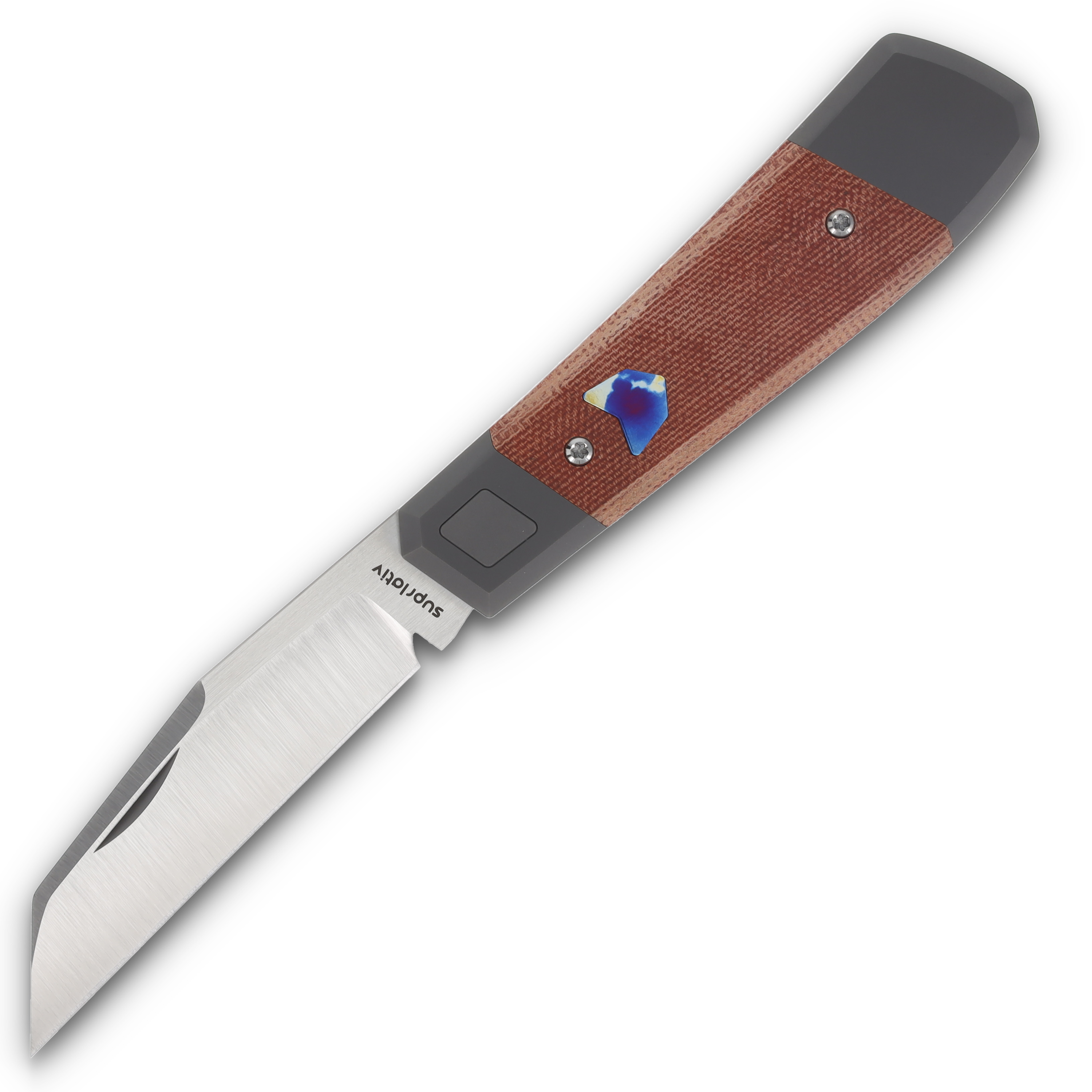 Suprlativ Comanche Orange Micarta and  Dark Blast Titanium Mokuti Shield COMTDBOMMS View 3