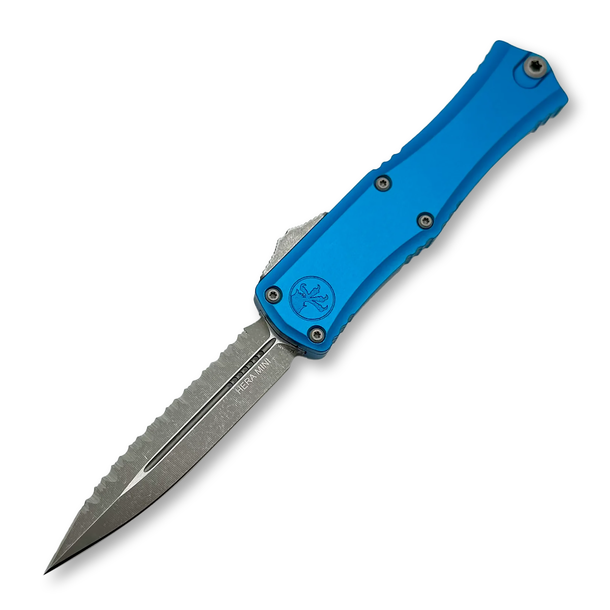 Microtech Hera II Mini D/E Blue Apocalyptic Full Serrated View 1