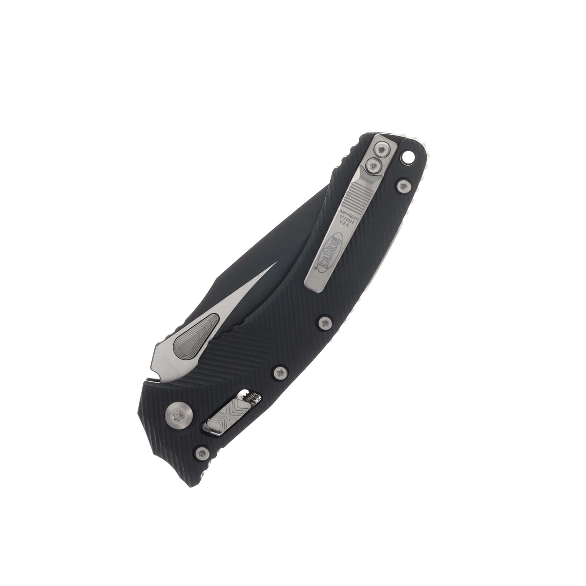 Microtech Amphibian Ram-Lok Fluted Black 3.9in Clip Point Blade MT137RL1FL View 4