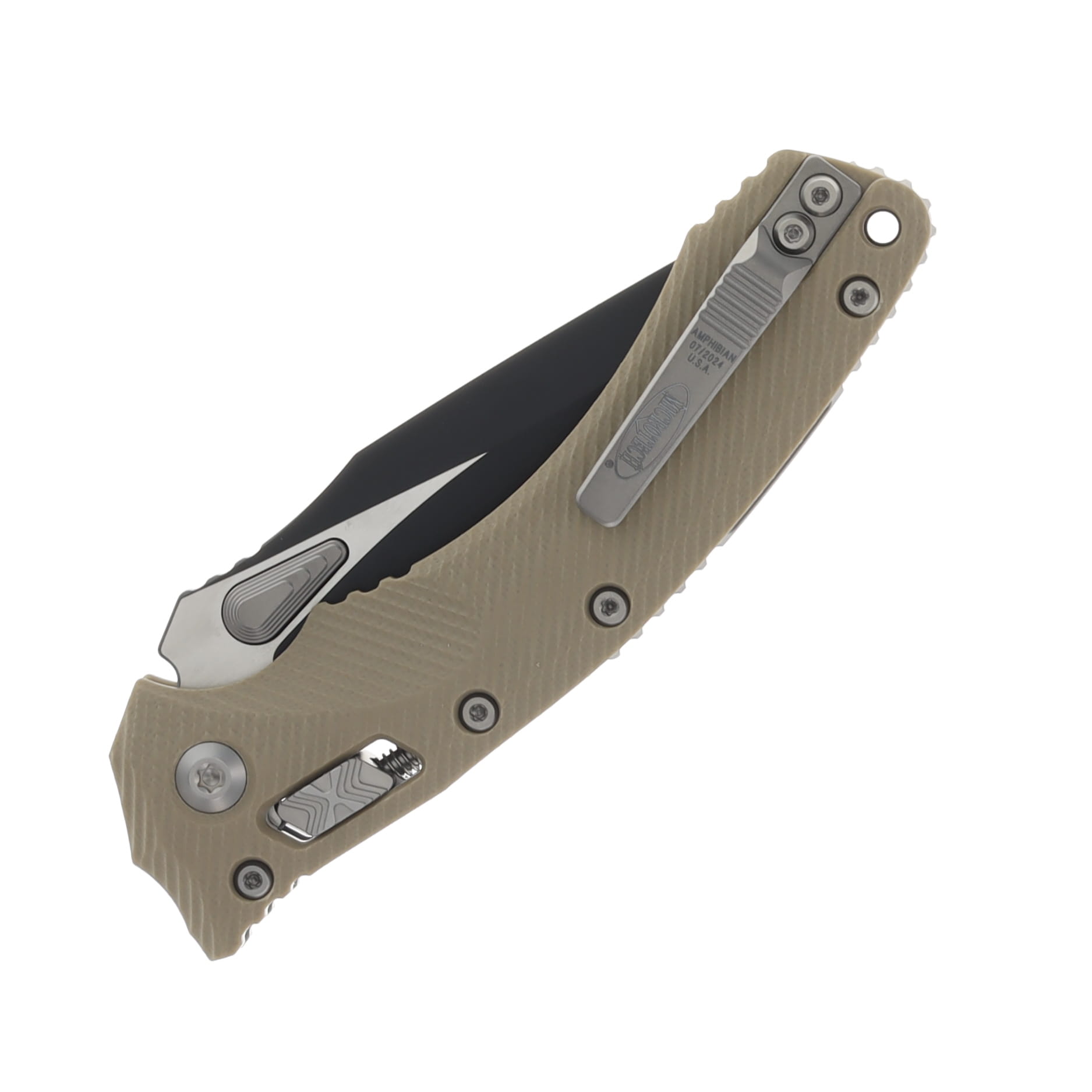 Microtech Amphibian RAM-LOK Fluted Tan G10 3.9in Black Part Serrated MT137RL2FLGTTA View 4