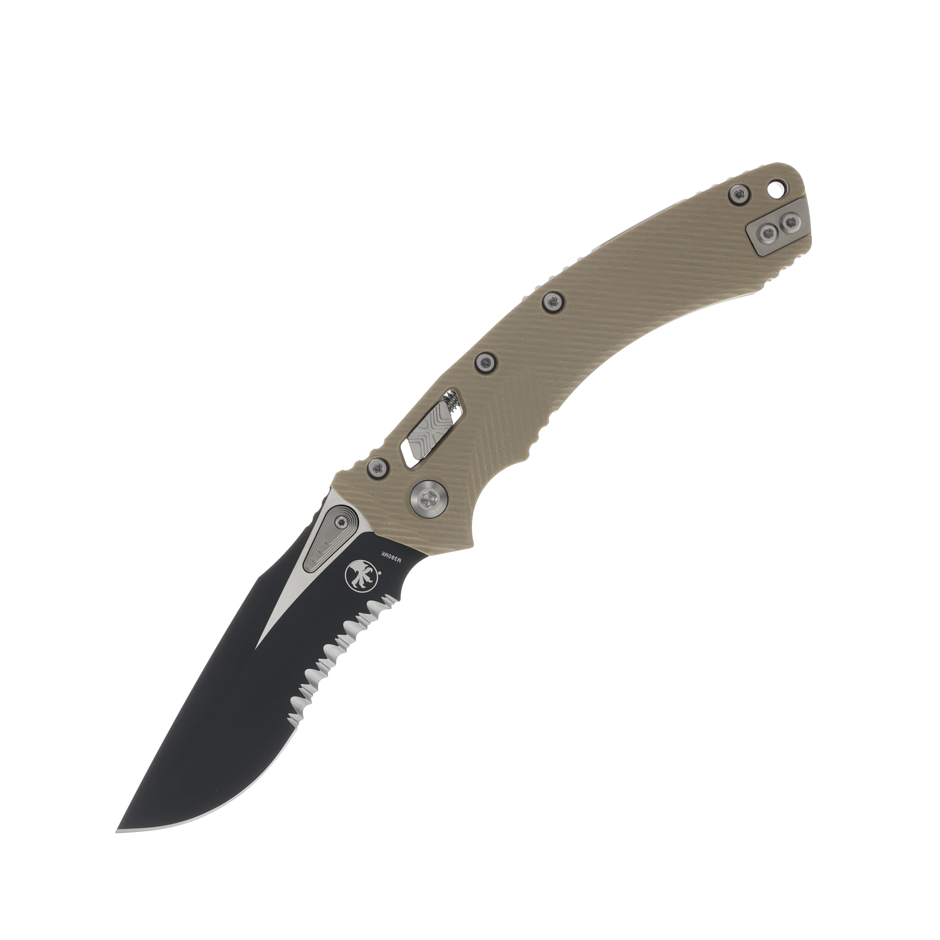 Microtech Amphibian RAM-LOK Fluted Tan G10 3.9in Black Part Serrated MT137RL2FLGTTA View 1