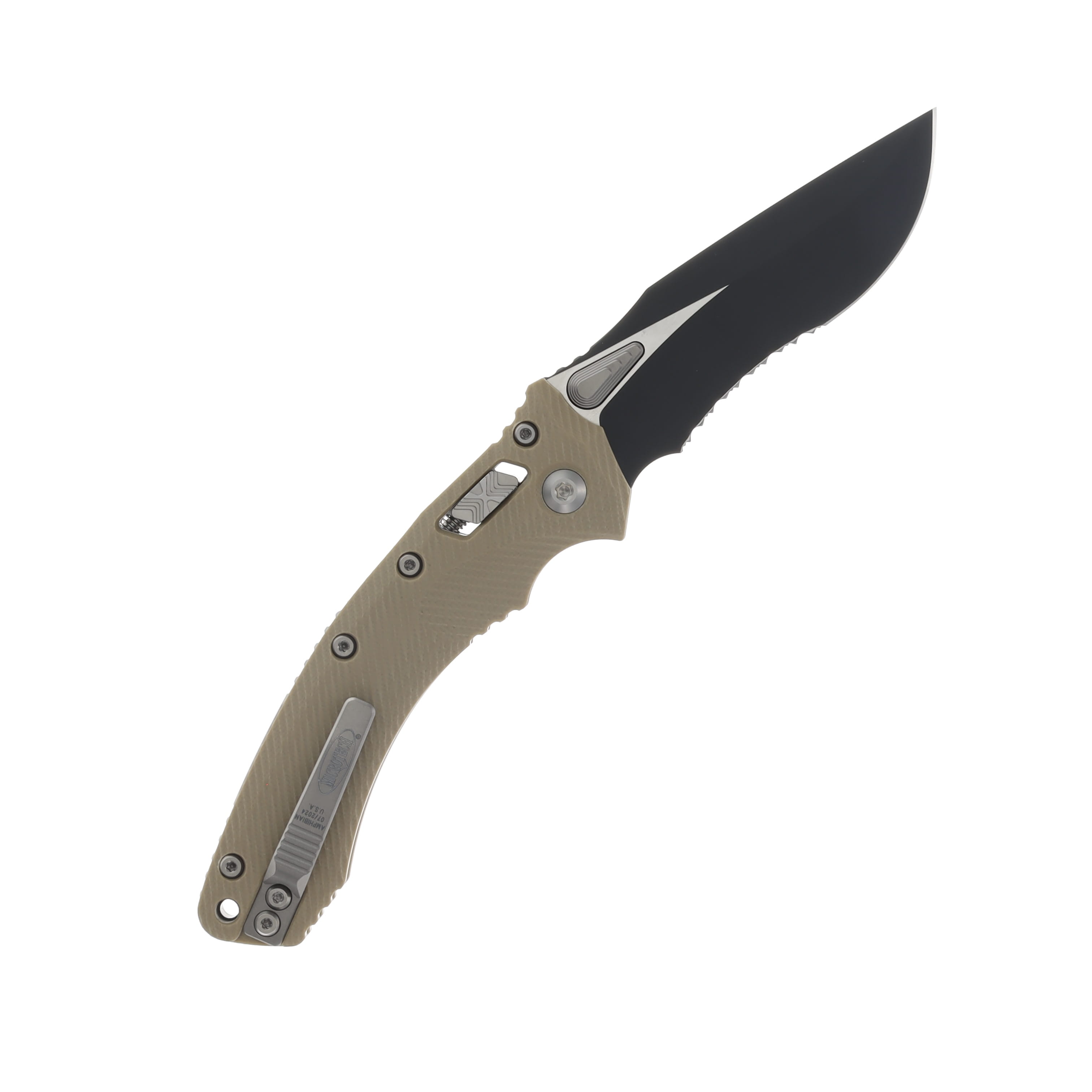 Microtech Amphibian RAM-LOK Fluted Tan G10 3.9in Black Part Serrated MT137RL2FLGTTA View 2