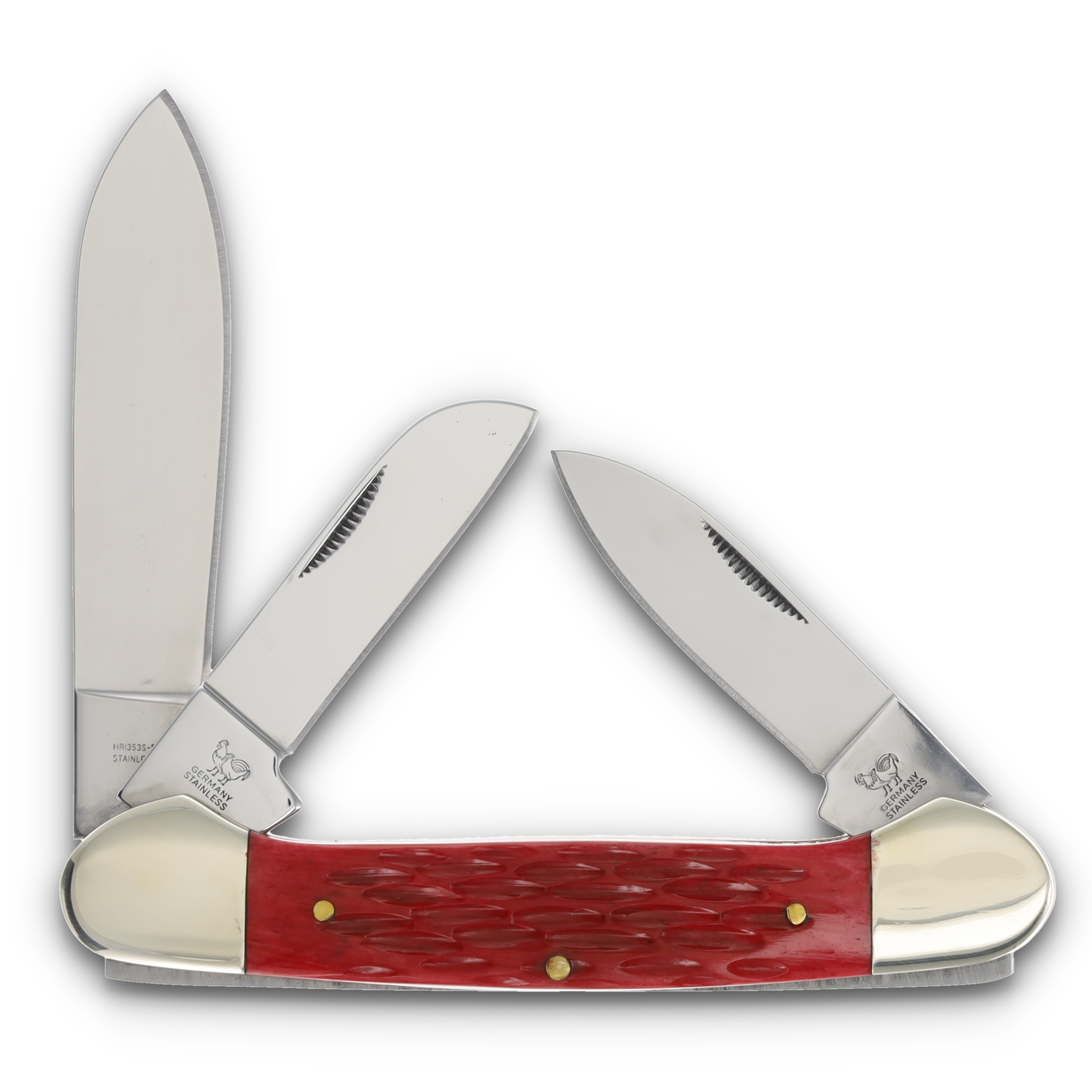 Hen & Rooster Three-Blade Large Red Pickbone Stockman Folding Knife HRI353SRPB View 2
