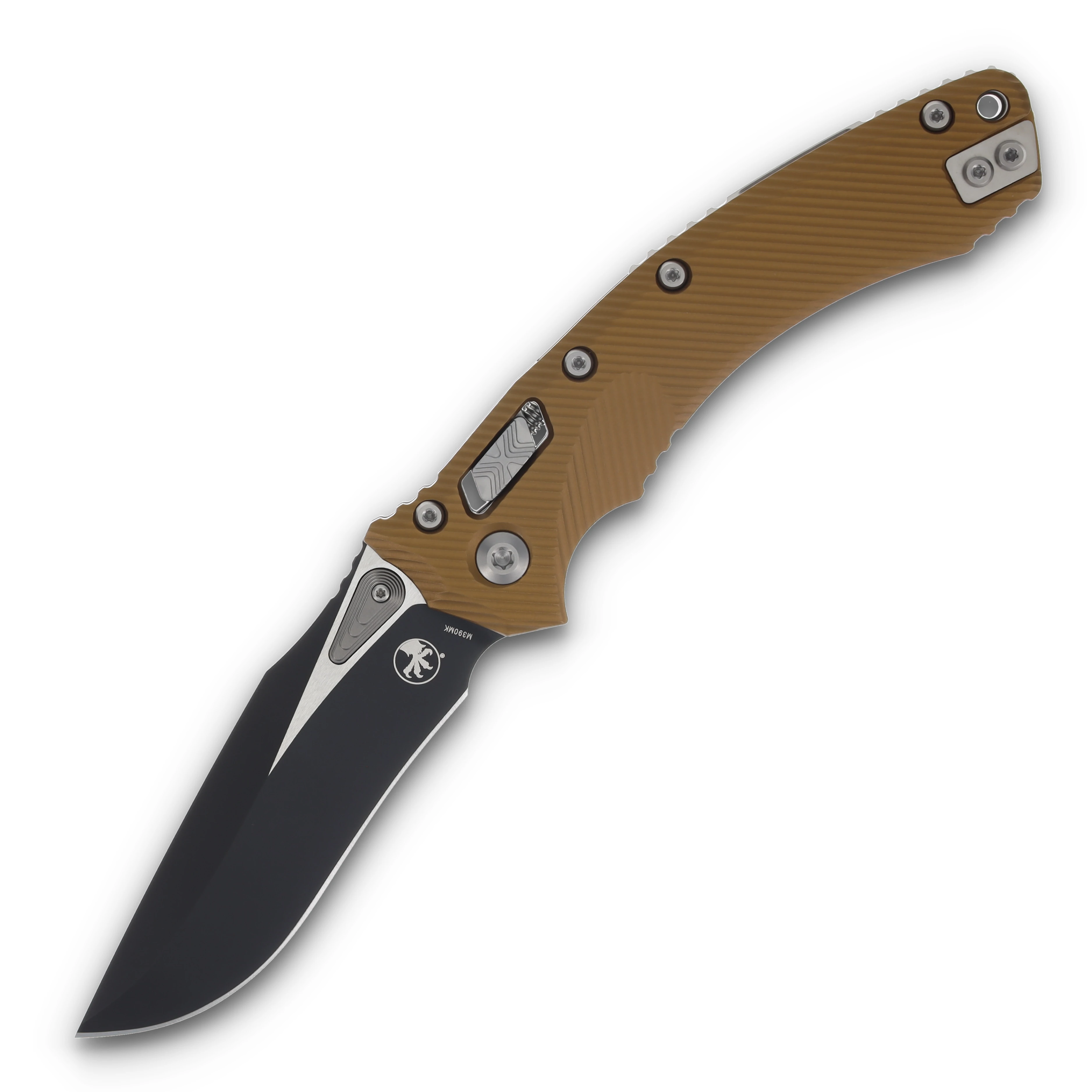 Microtech Amphibian RAM-LOK Tan Folding Knife 3.87in Black Drop Point Blade MT137RL1FLTA View 1