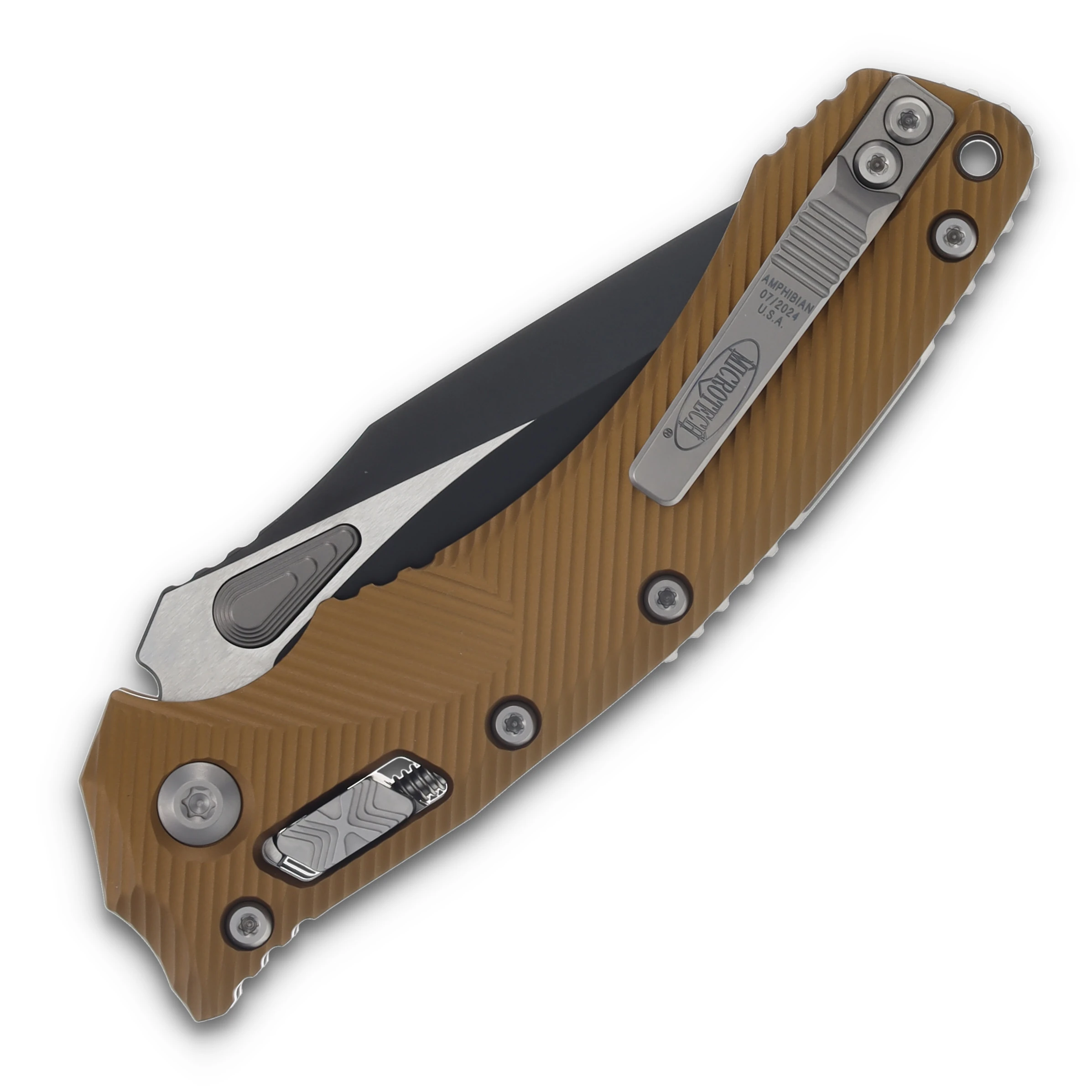 Microtech Amphibian RAM-LOK Tan Folding Knife 3.87in Black Drop Point Blade MT137RL1FLTA View 2