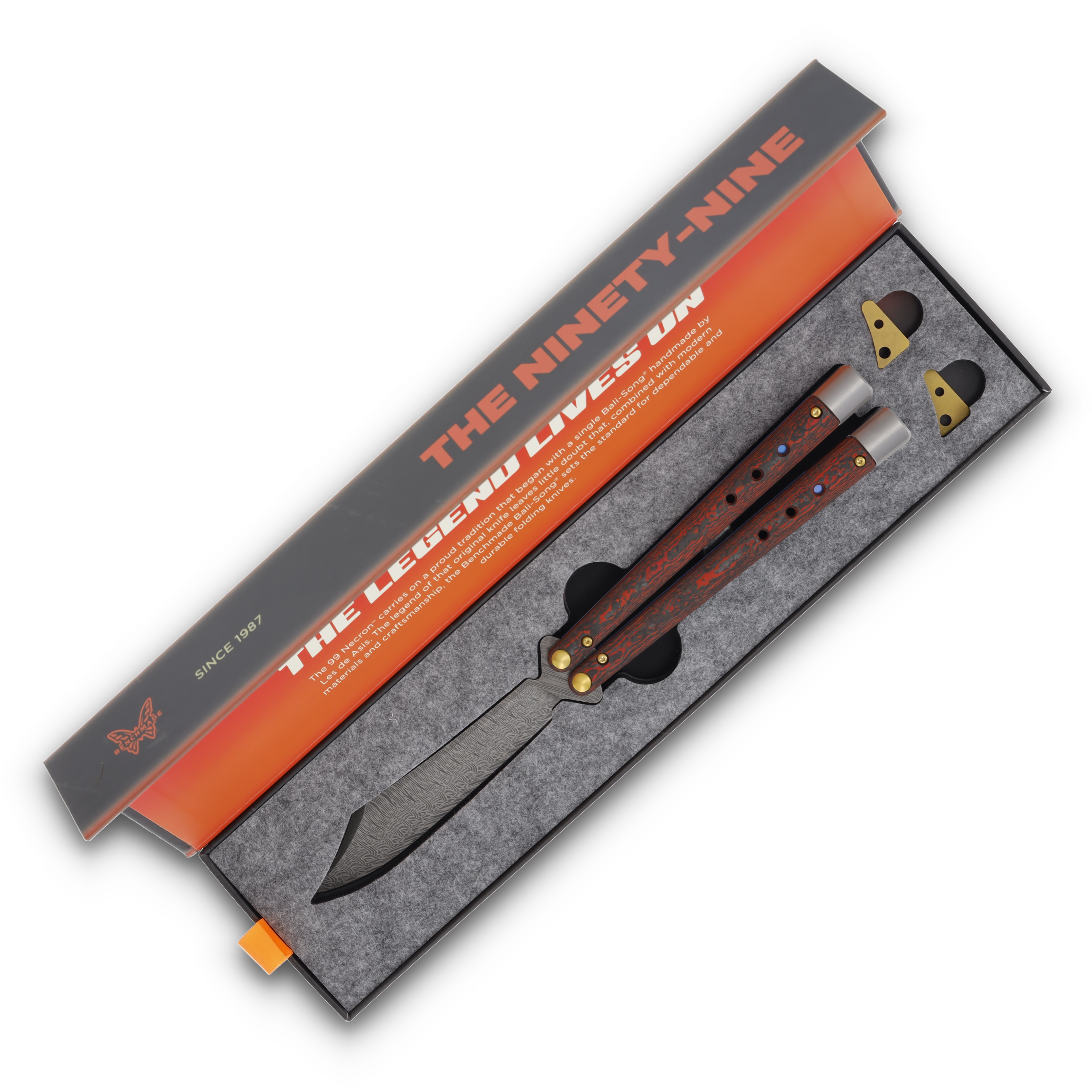 Benchmade Necron Gold Class Lava Flow Balisong Knife 4.59in Scimitar Damasteel BM99-241 View 17
