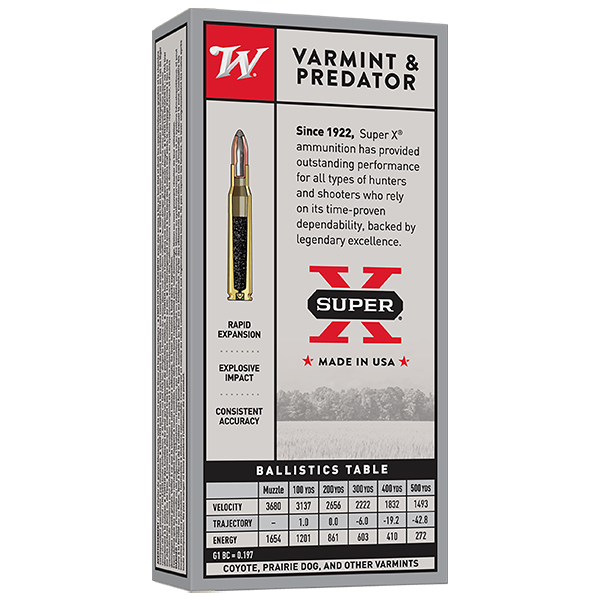 Winchester Super-X Varmint & Predator 22-250 Remington Rifle Ammunition 20 Rounds Brass Centerfire 55 Grain JSP X222501 View 2