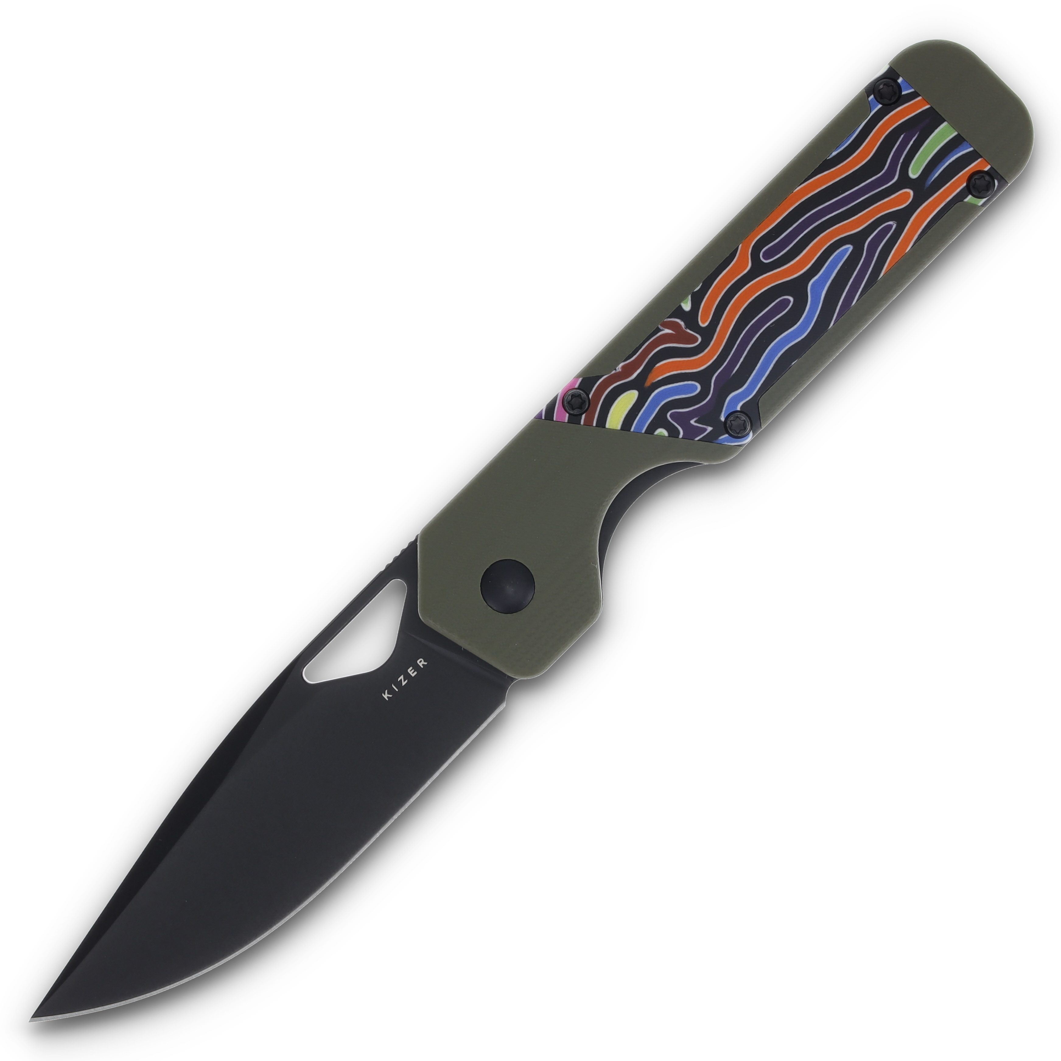 Kizer Militaw Green Party Streamers 3.36 Inch Plain Black Drop Point V3634A3 View 1