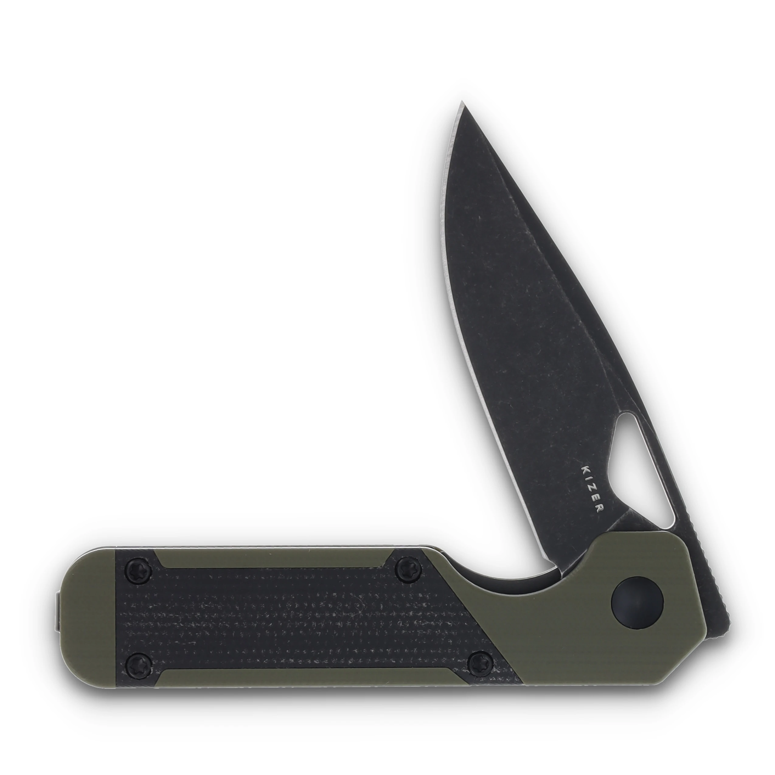 Kizer Mini Militaw Green and Black 2.82 Inch Plain Black Drop Point V3634SA5 View 3