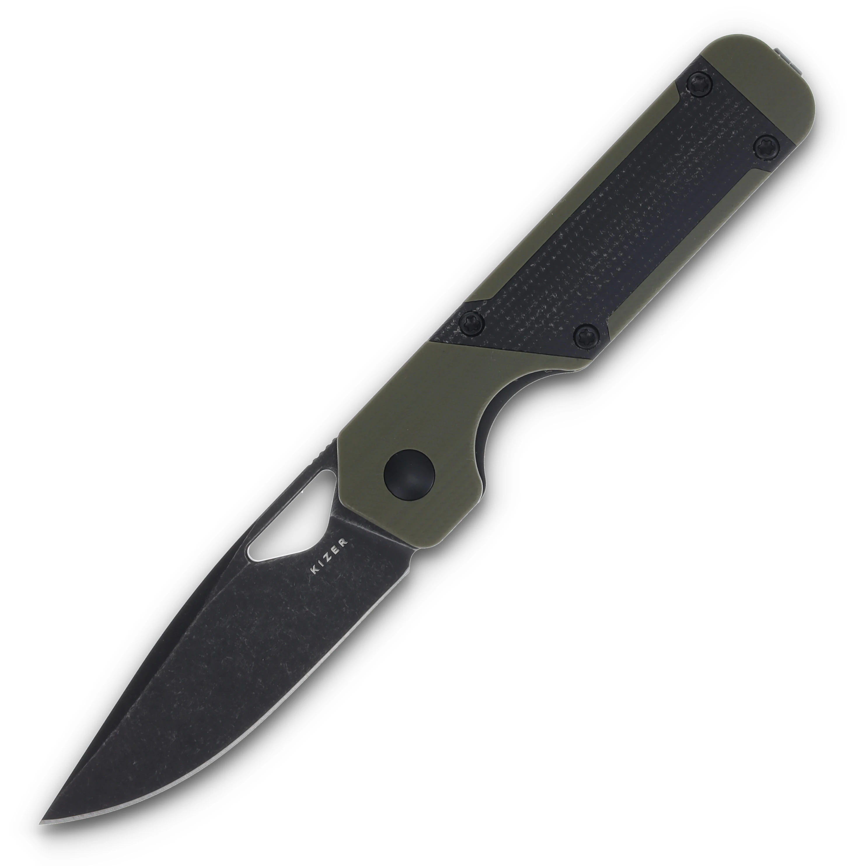 Kizer Mini Militaw Green and Black 2.82 Inch Plain Black Drop Point V3634SA5 View 1