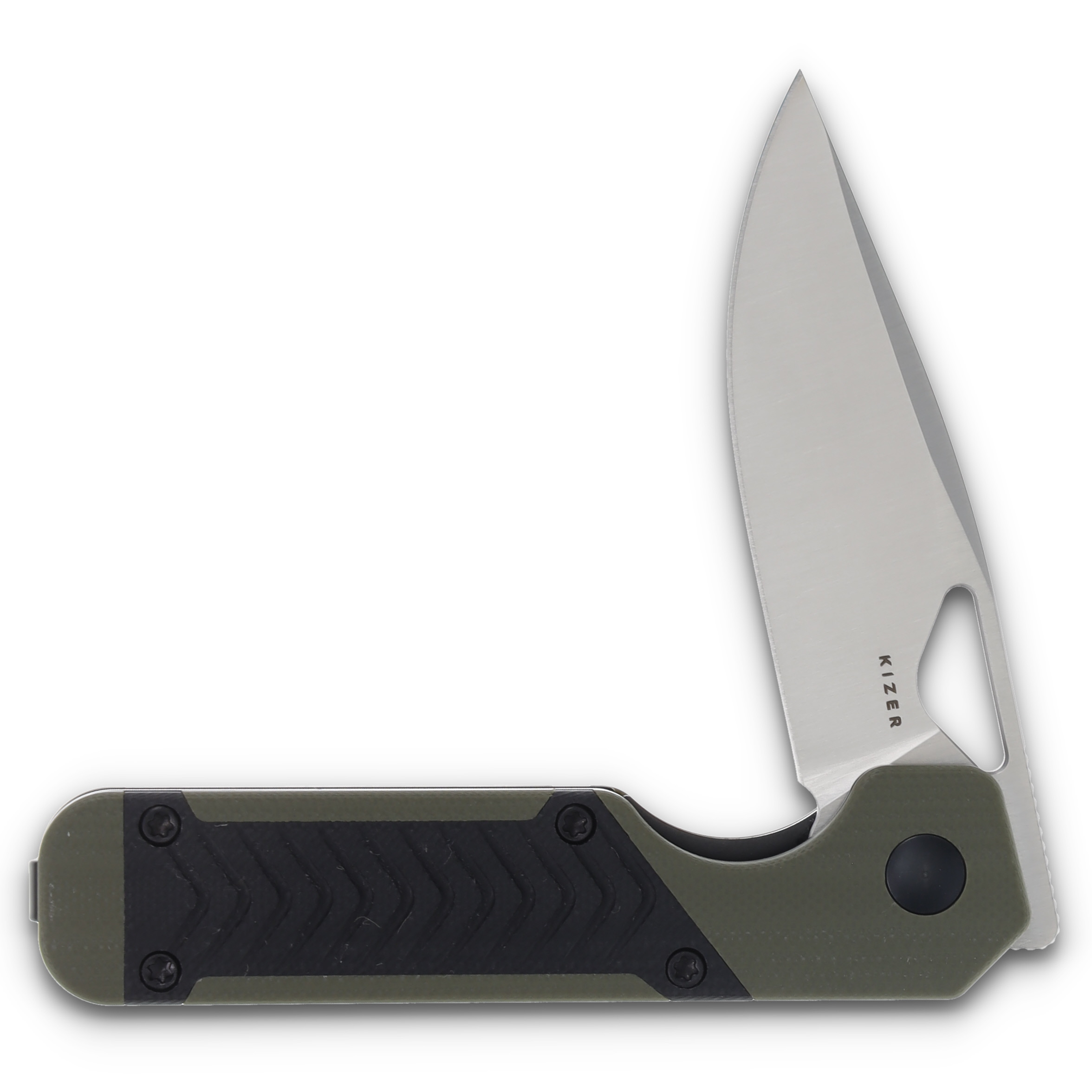 Kizer Mini Militaw Green and Black 2.82 Inch Plain Satin Drop Point V3634SA6 View 3