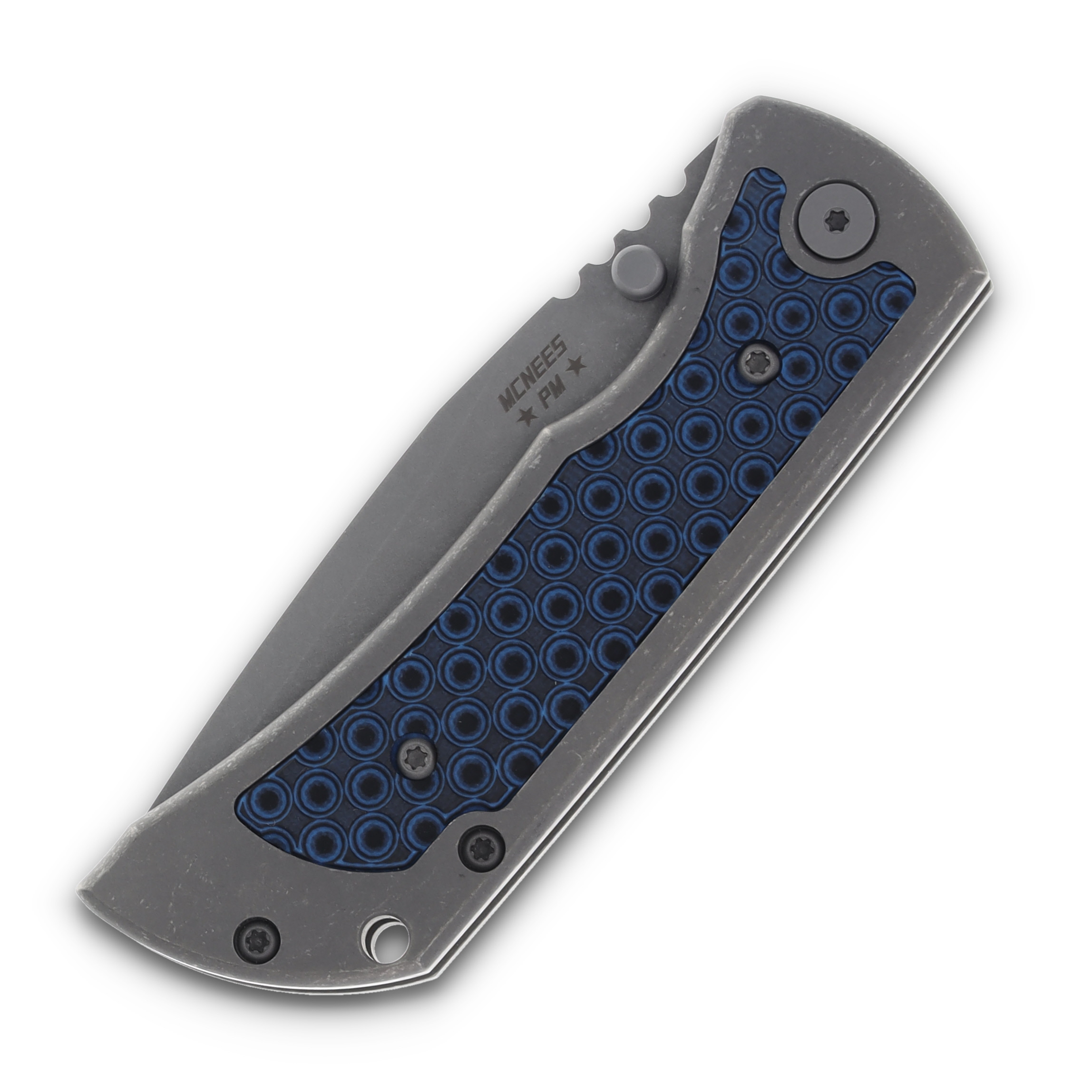 McNee's Custom Knives MAC2 Folding Knife 3.5in Atomic Blue G-10 Inlay MCNPMMAC235GFABLBKGI View 5