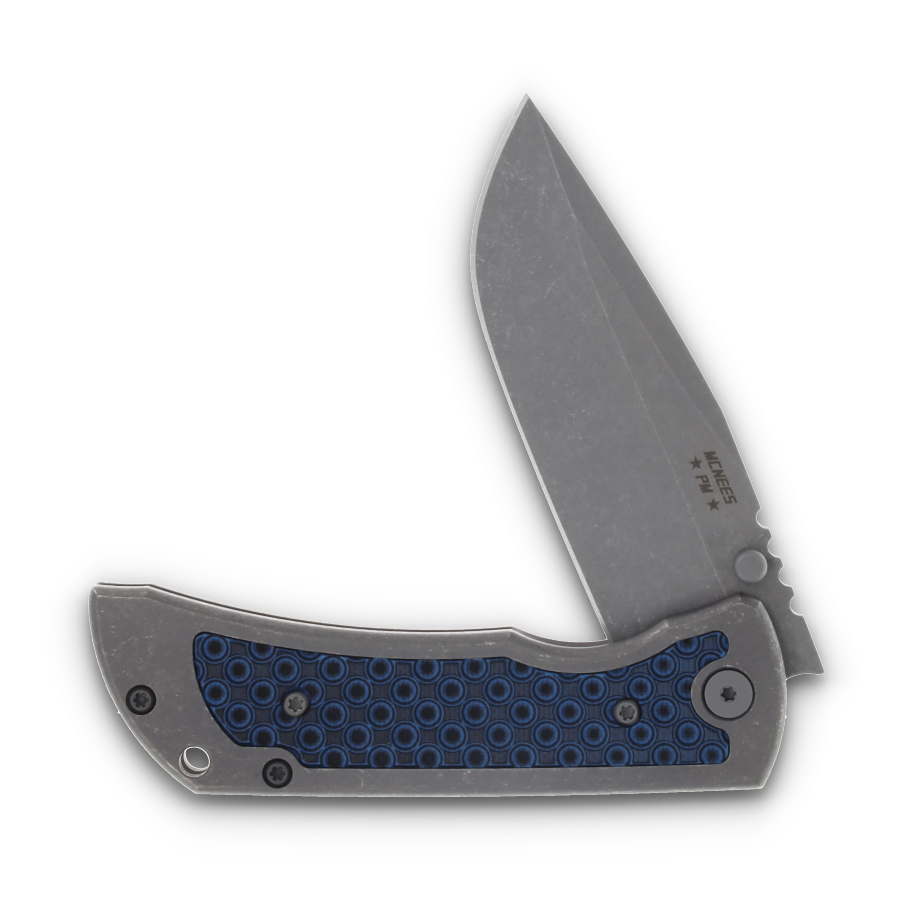 McNee's Custom Knives MAC2 Folding Knife 3.5in Atomic Blue G-10 Inlay MCNPMMAC235GFABLBKGI View 3