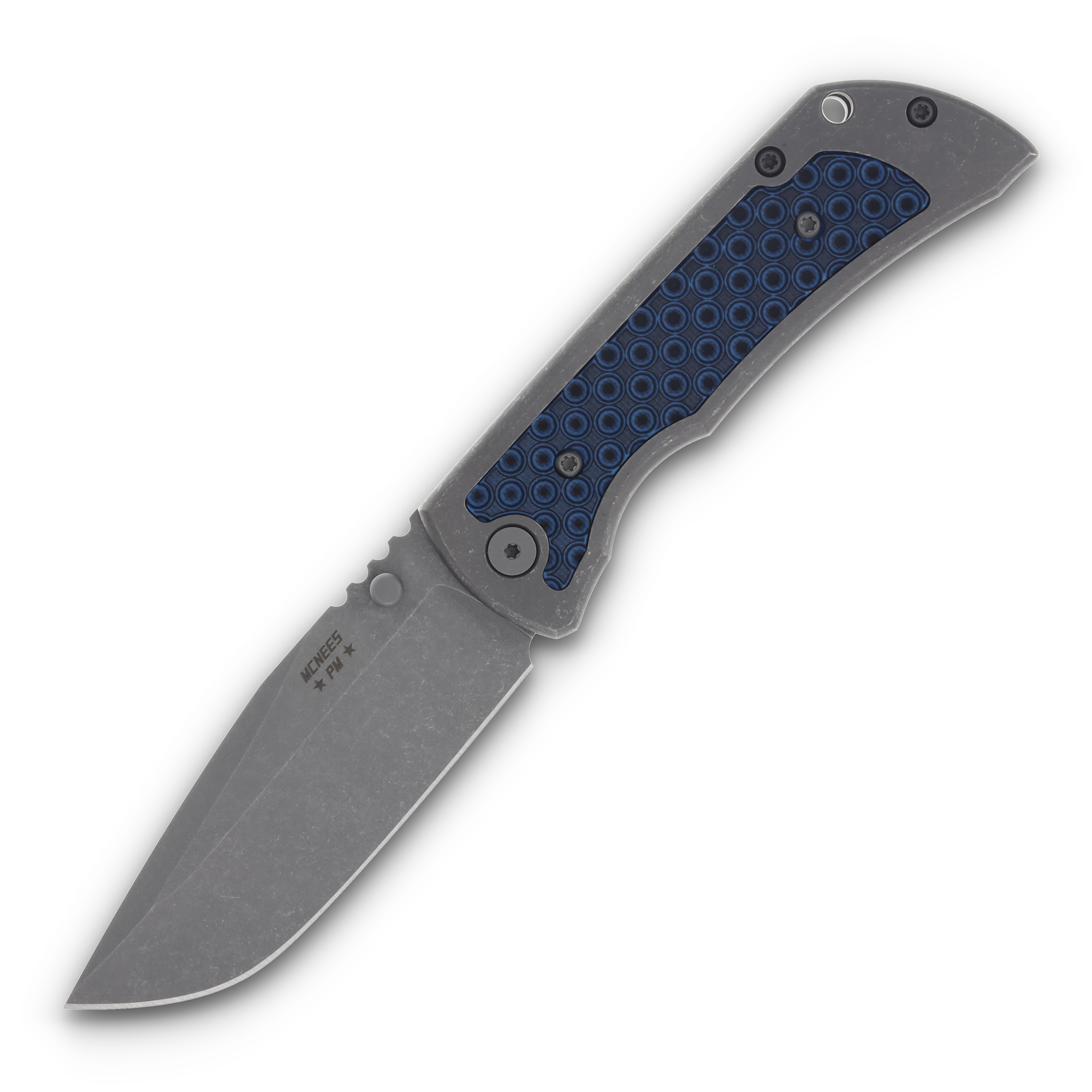 McNee's Custom Knives MAC2 Folding Knife 3.5in Atomic Blue G-10 Inlay MCNPMMAC235GFABLBKGI View 1