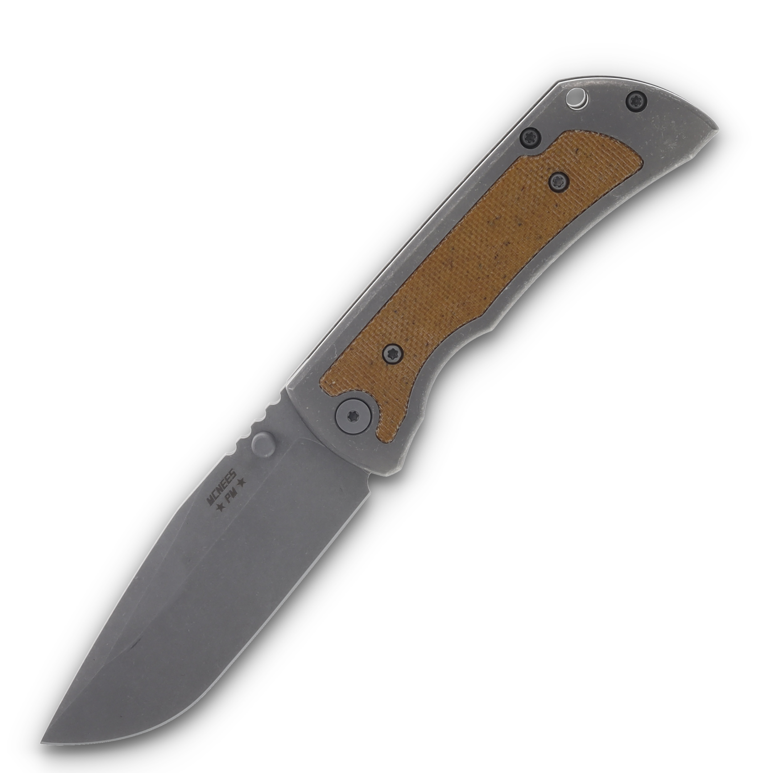 McNee's Custom Knives MAC2 Folding Knife 3.5in Atomic Natural Micarta MCNPMMAC235GFANMI View 1
